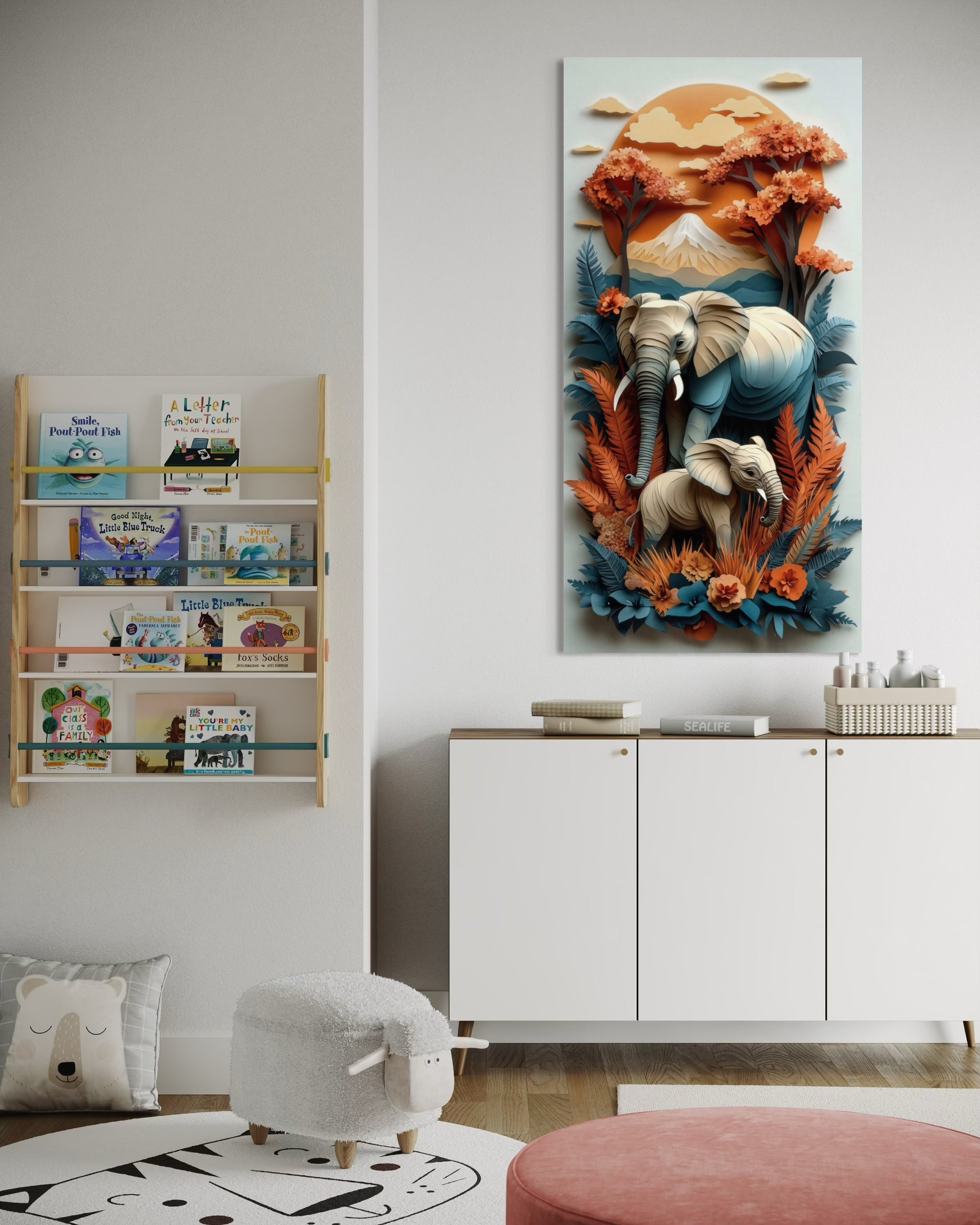 Africa love wall art con elefanti e fiori, stile 3D, cornice sottile
