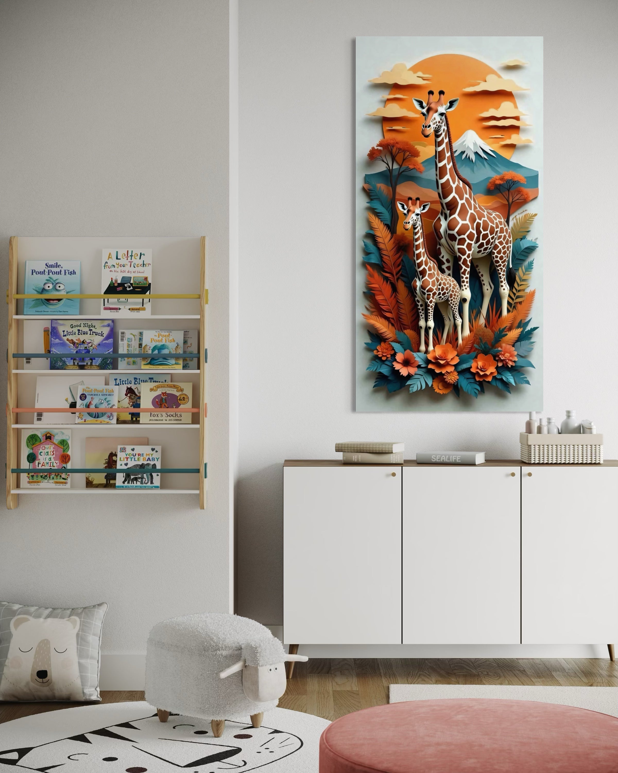 Africa love wall art con giraffe a macchie, tramonto e fiori, stile 3D
