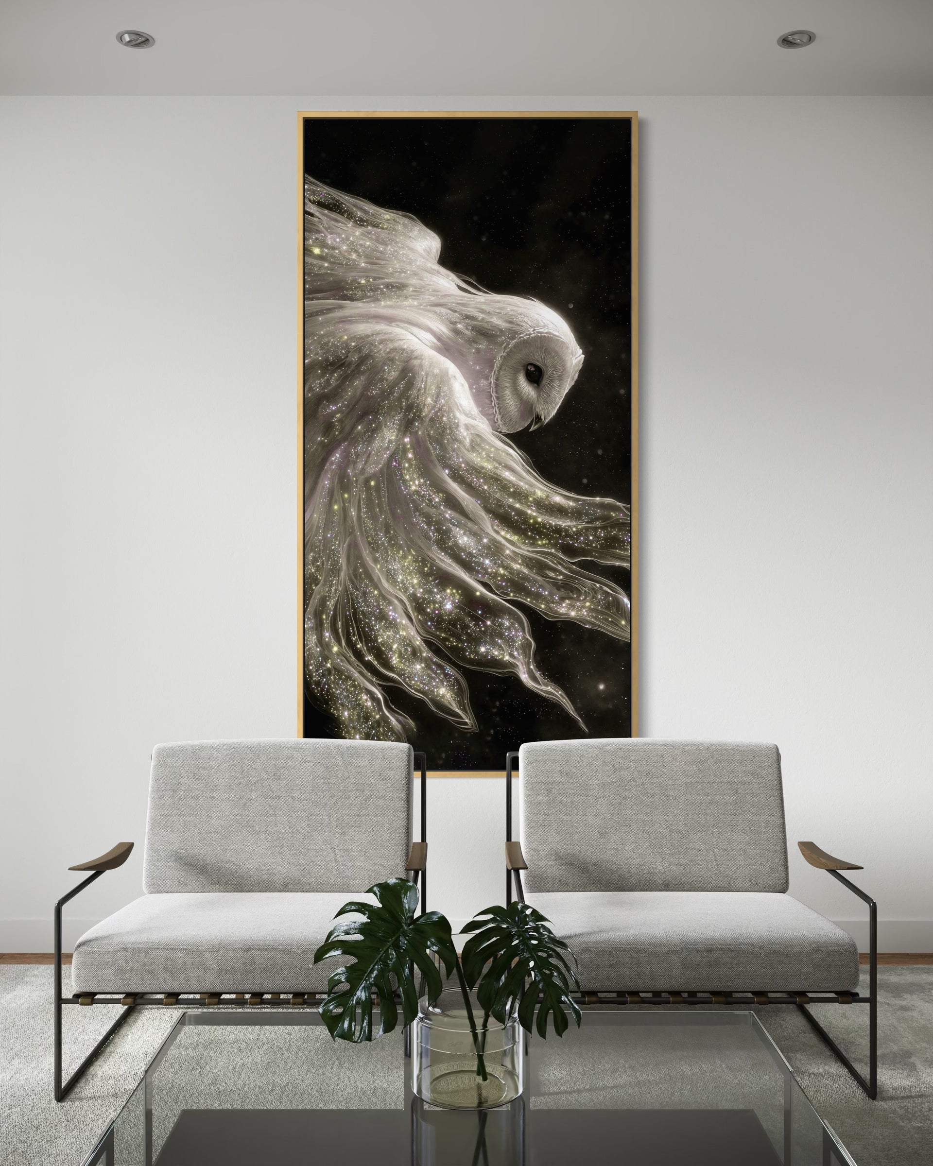 Silenzio notturno, quadro verticale: pesce bianco con cornice dorata