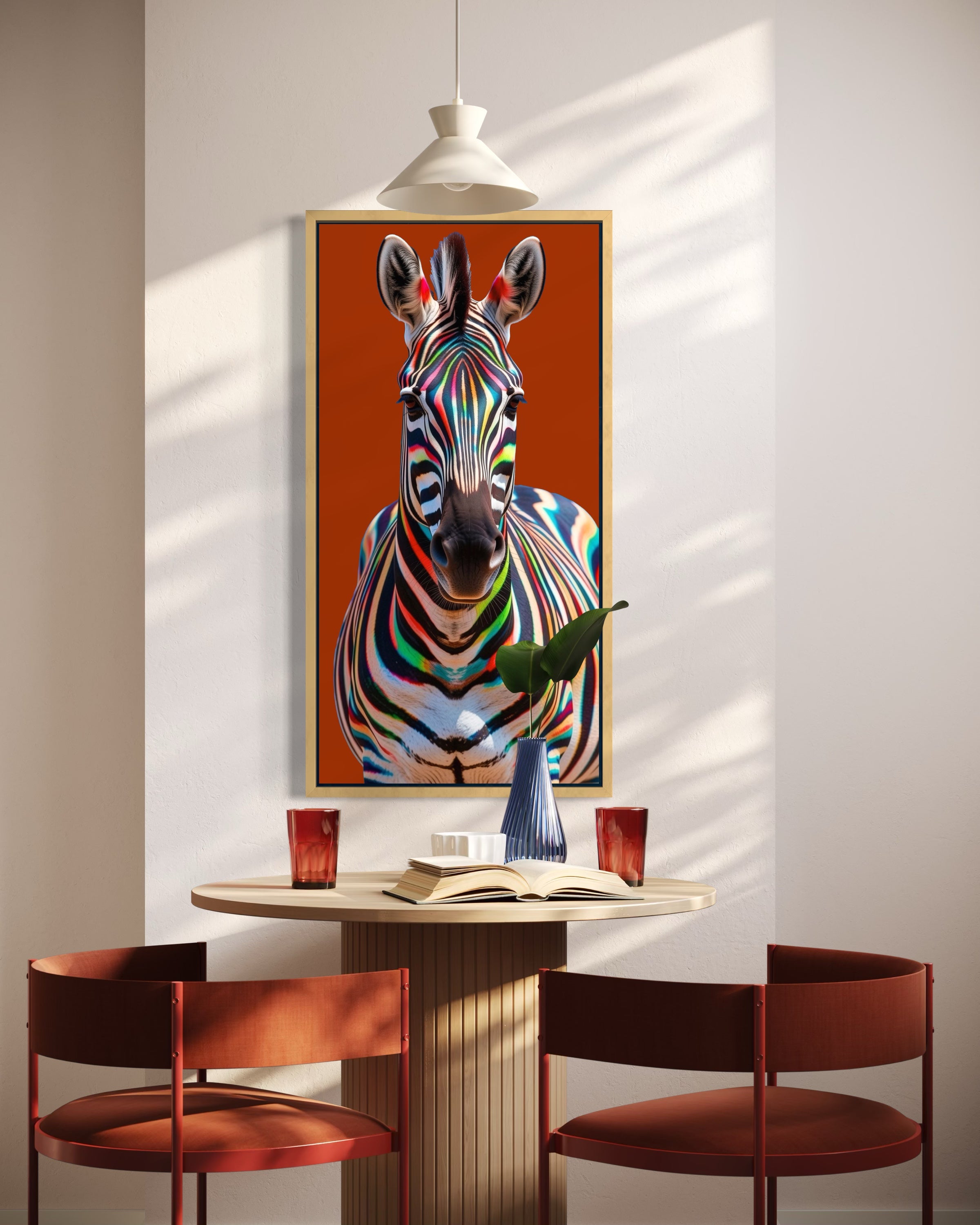 Stampa incorniciata Zebra multicolore con sfondo arancione-marrone