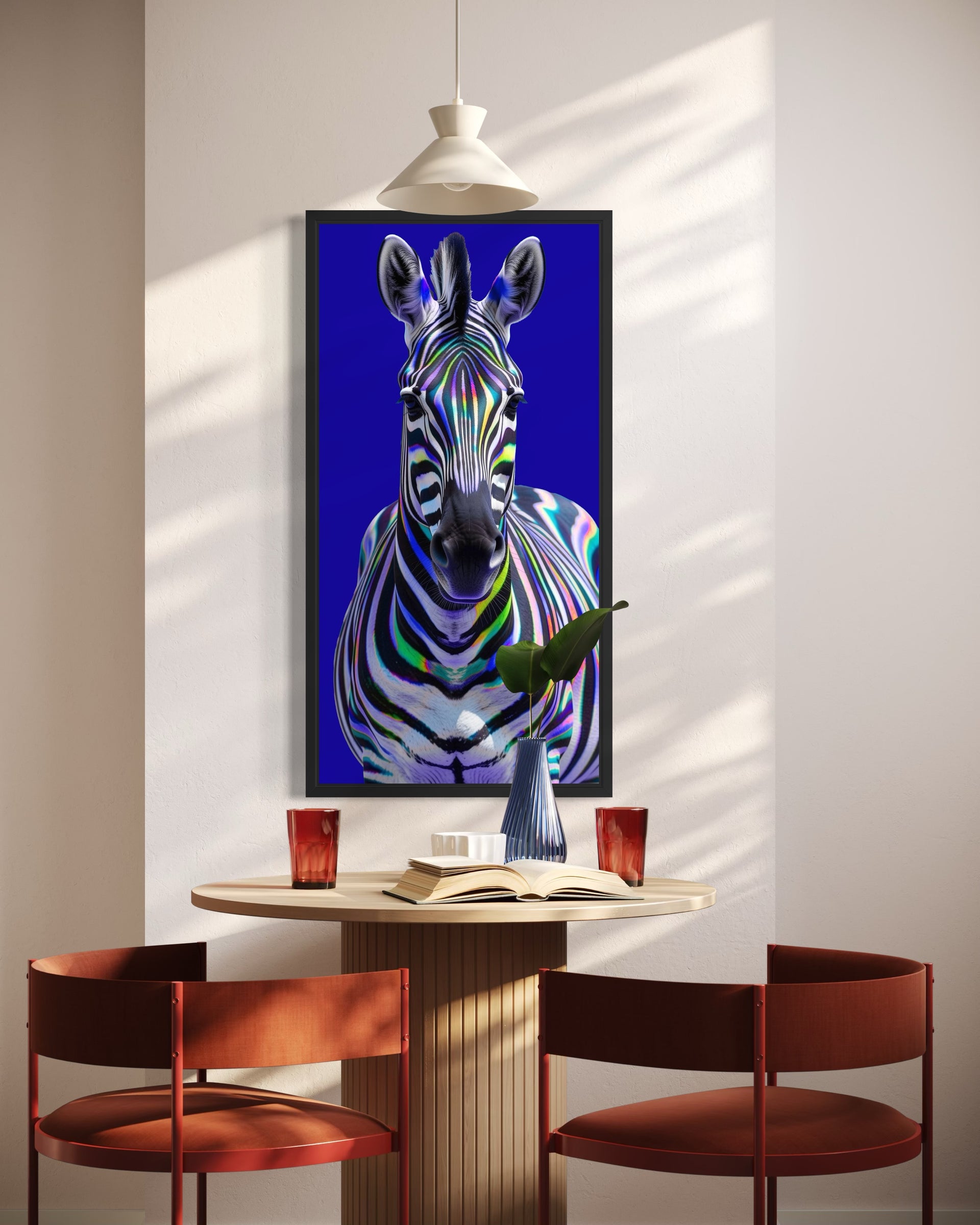 Stampa incorniciata Zebra multicolore con sfondo blu