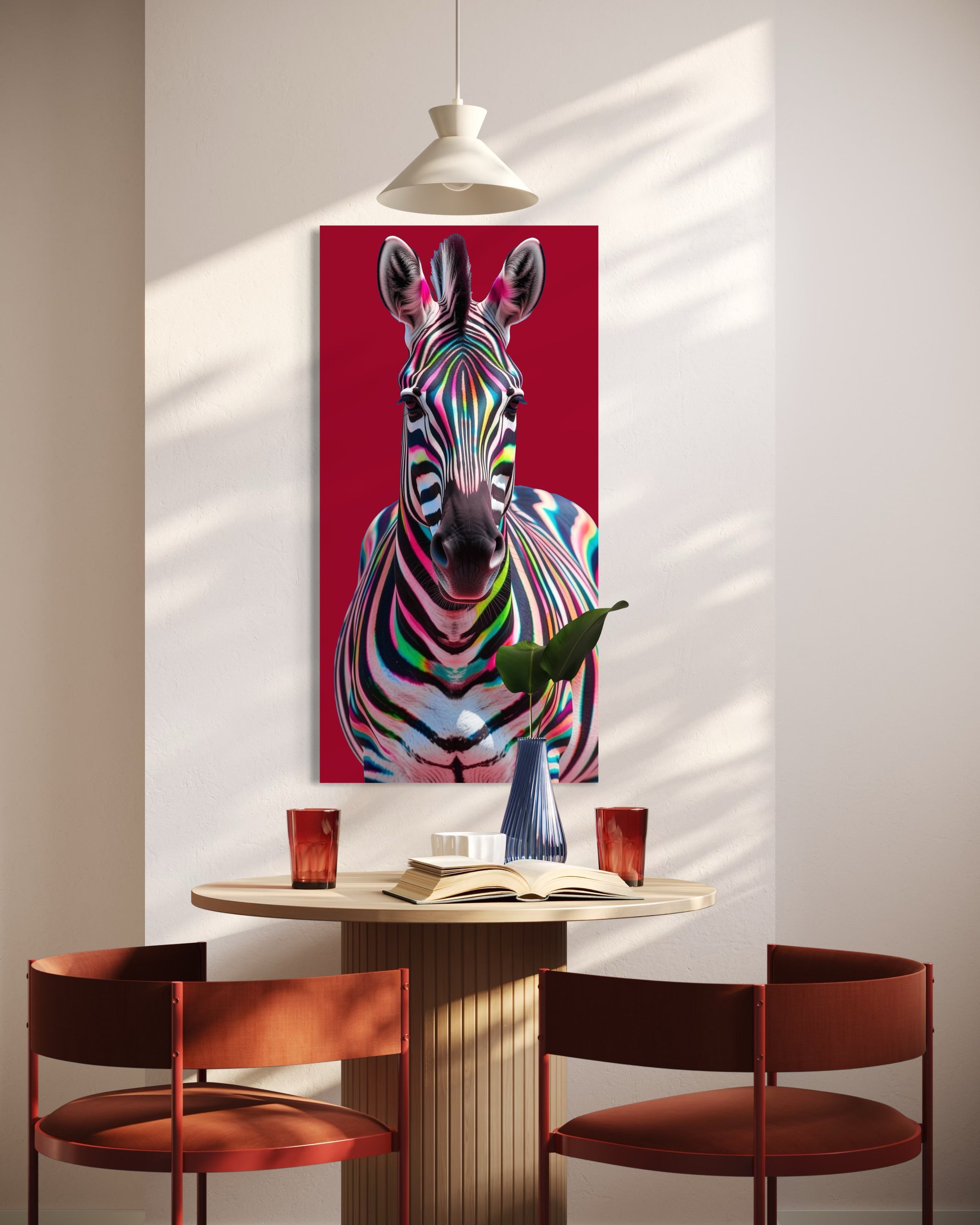 Stampa incorniciata Zebra multicolore con sfondo rosso