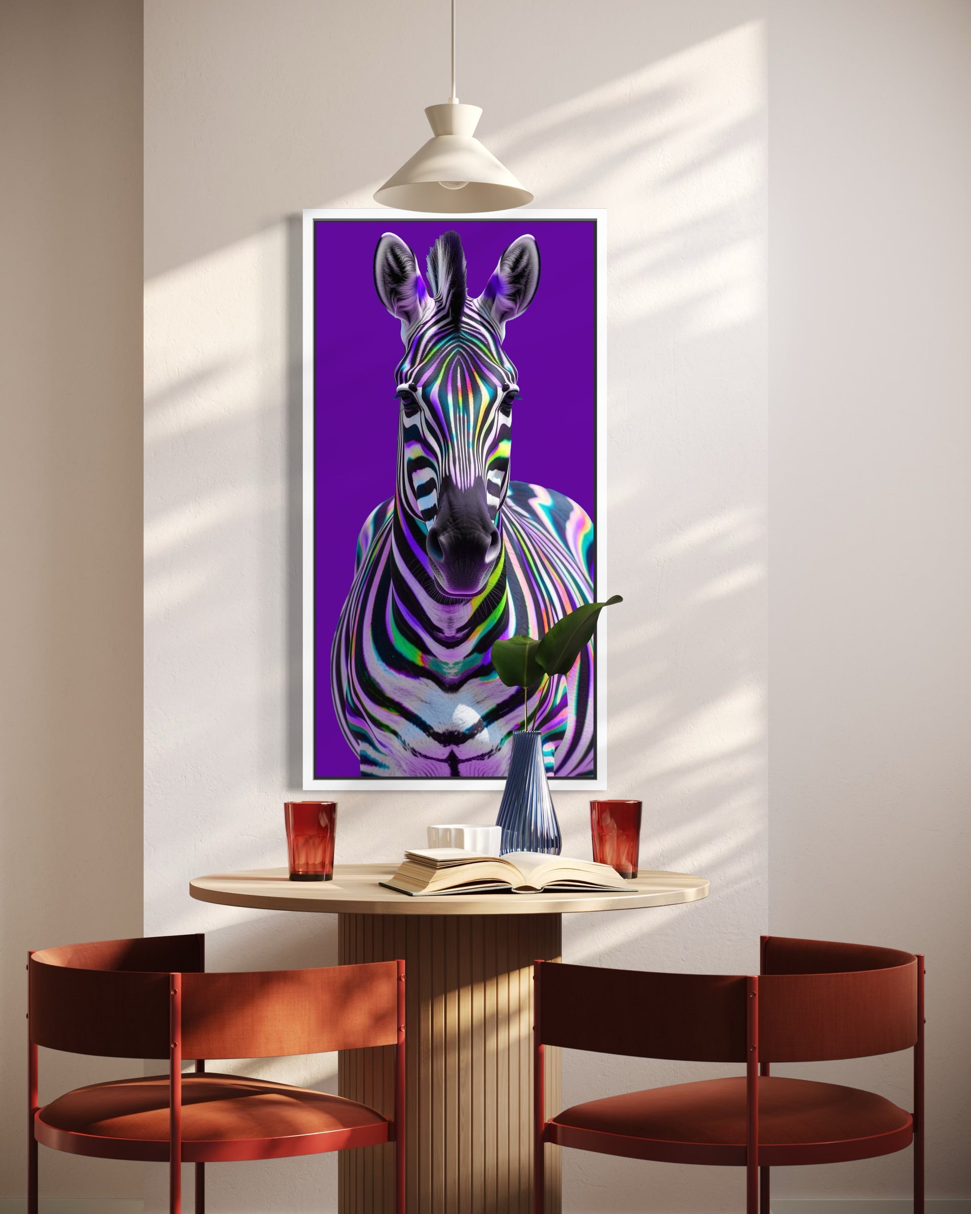 Stampa incorniciata Zebra multicolore con sfondo viola-blu