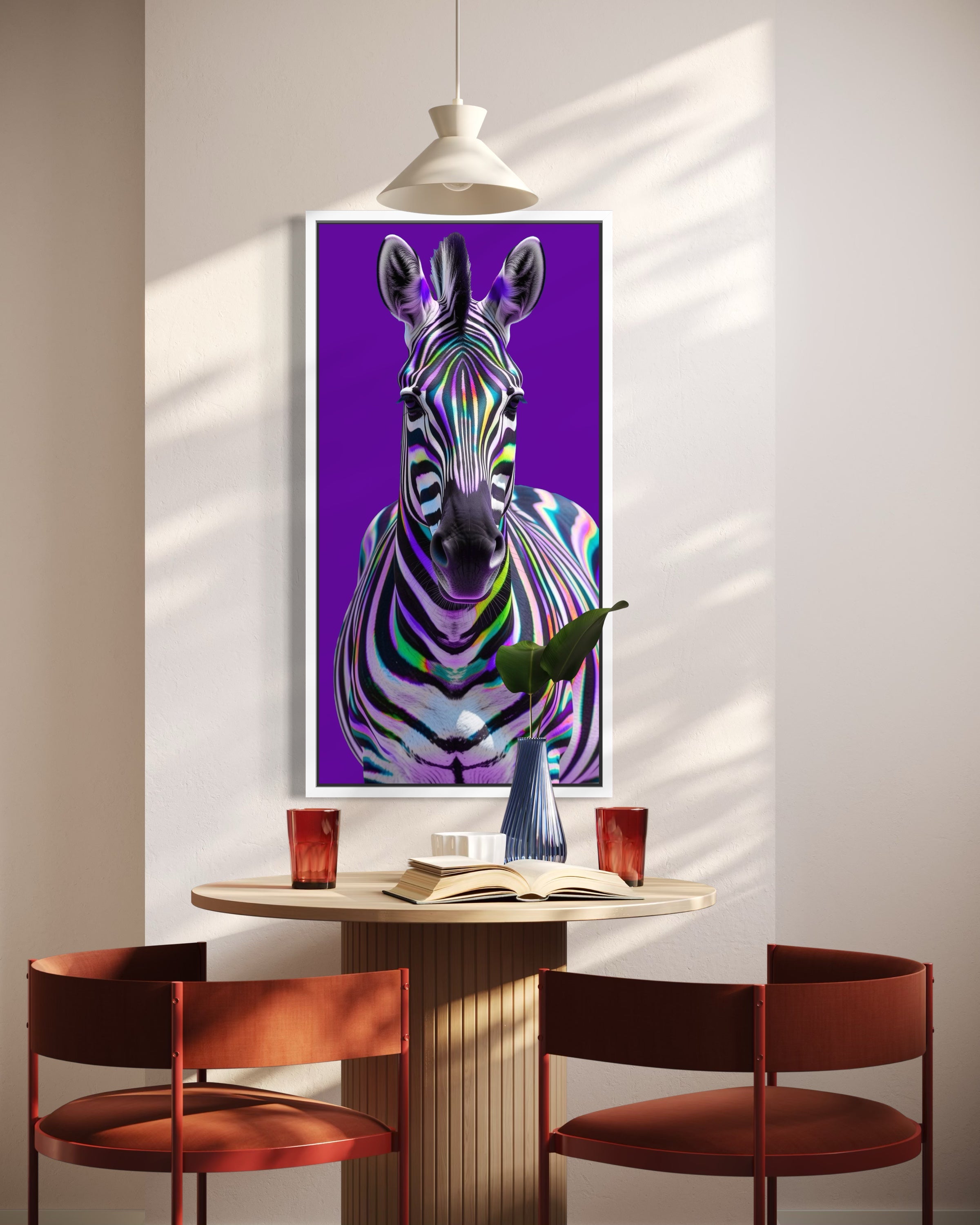 Stampa incorniciata Zebra multicolore con sfondo viola-blu