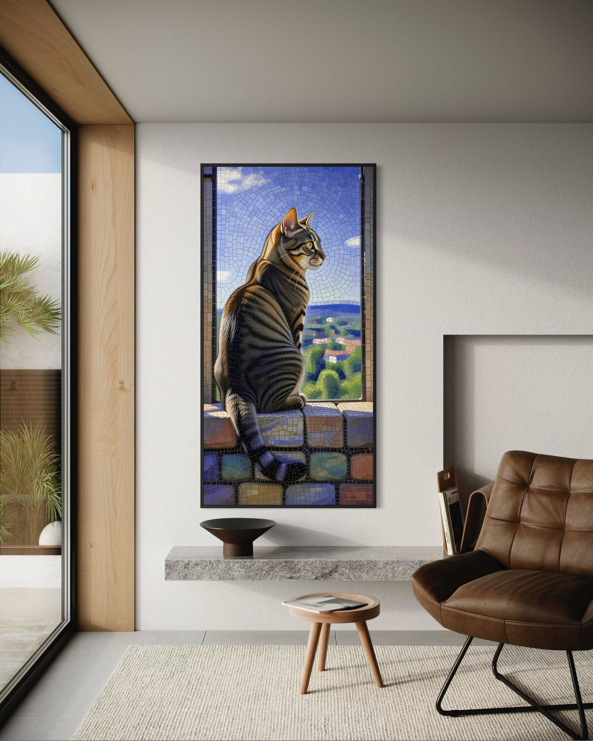 Gatto stilizzato in cornice nera su mosaico colorato