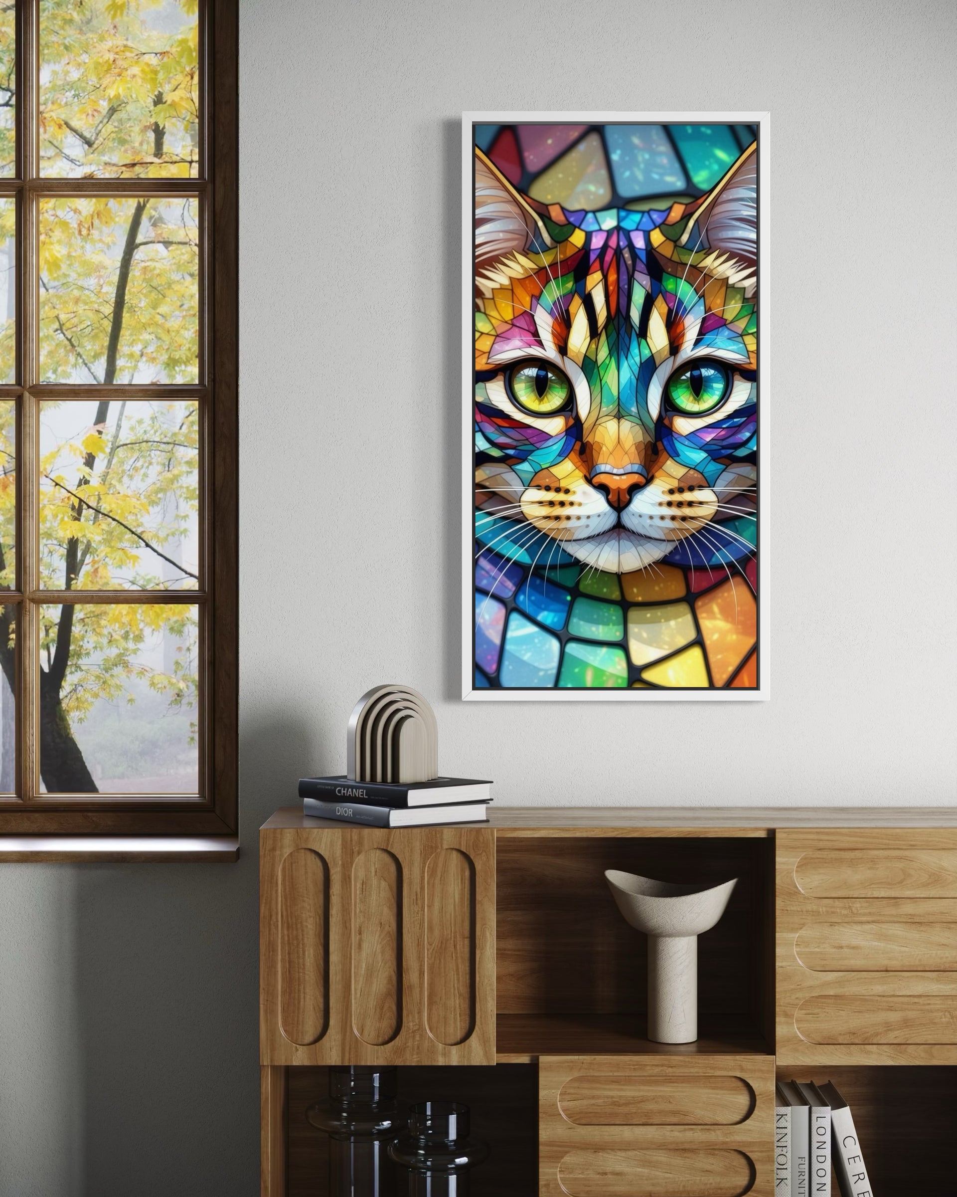 Gatto mosaico con cornice scura, volto colorato in stile vetrata.