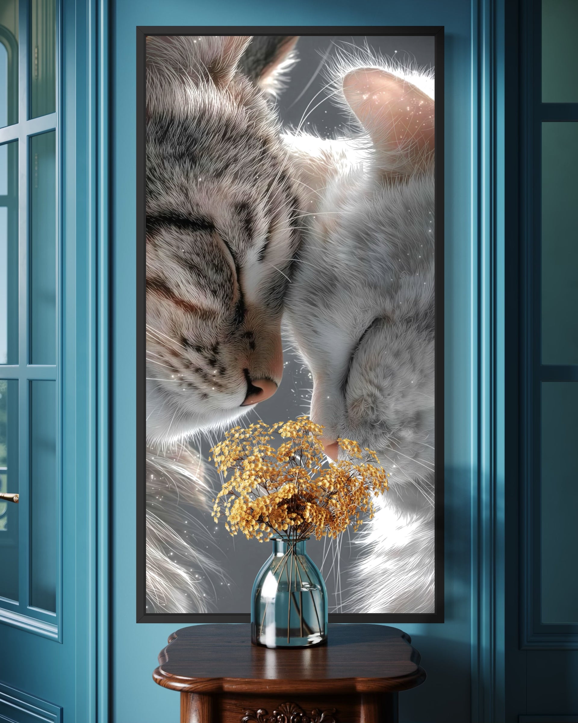 Stampa Gatti love con gatto addormentato e fiori secchi, telaio scuro