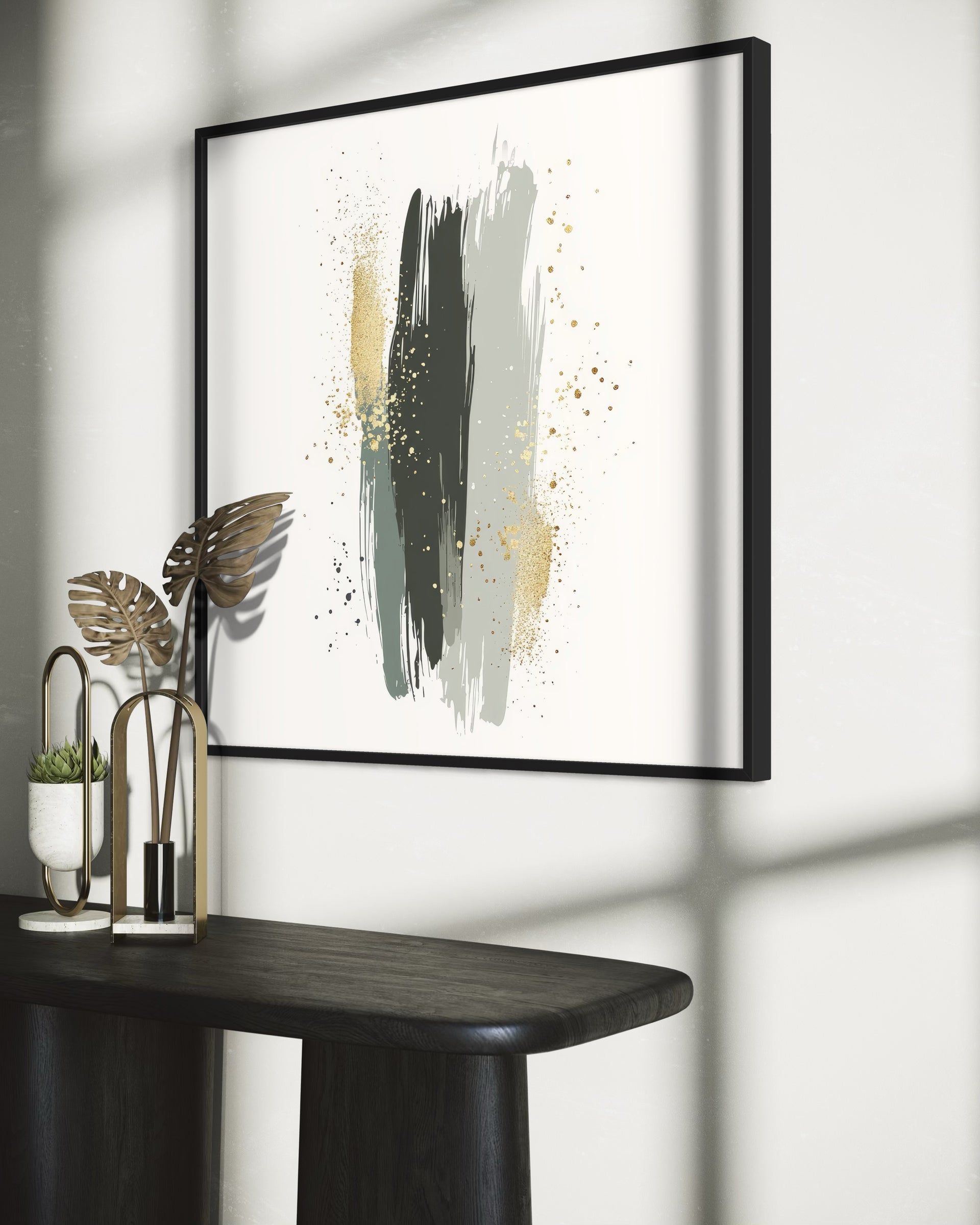Modern art elegant, framed abstract print with black frame and gold/gray brush strokes