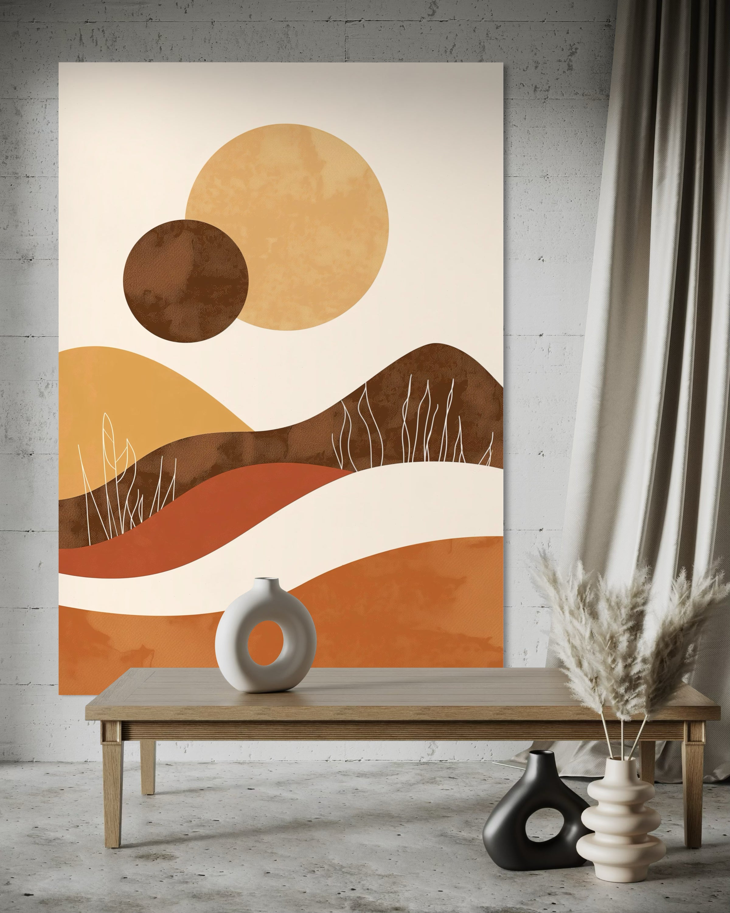Stampa d’arte paesaggio astratto con cerchi e colline in toni terra su tela