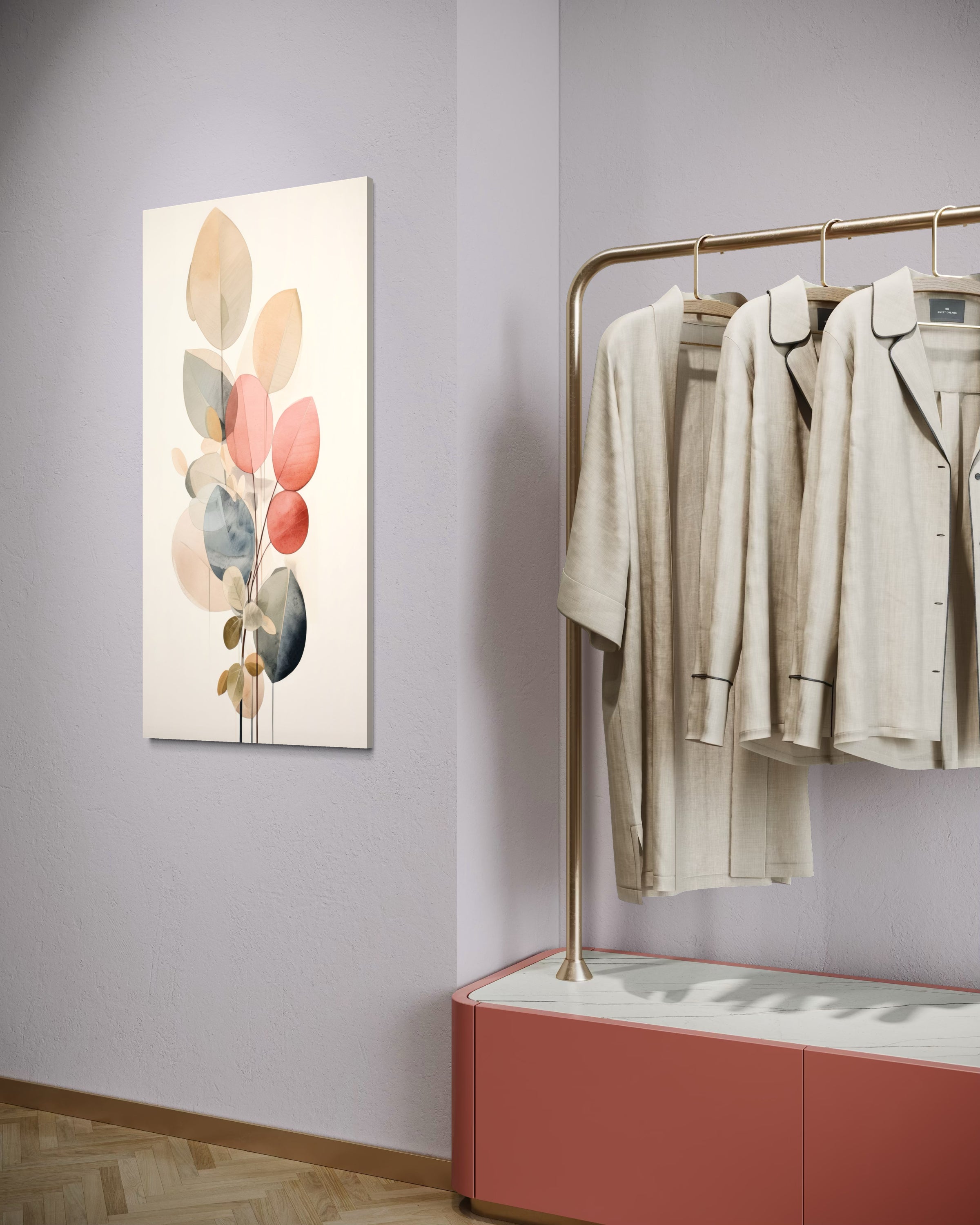 Quadro verticale con design fiori stilizzati pastello su sfondo chiaro