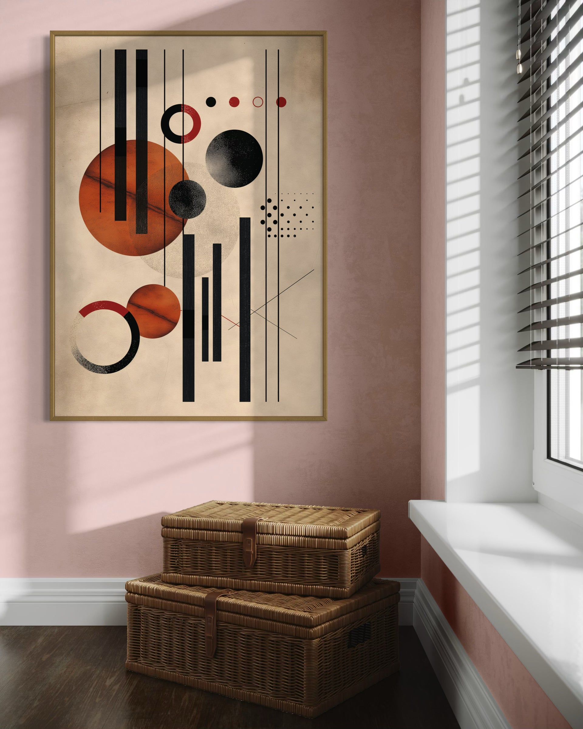Home linee design incorniciato oro, stampa astratta con linee nere e forme rosso-arancio.
