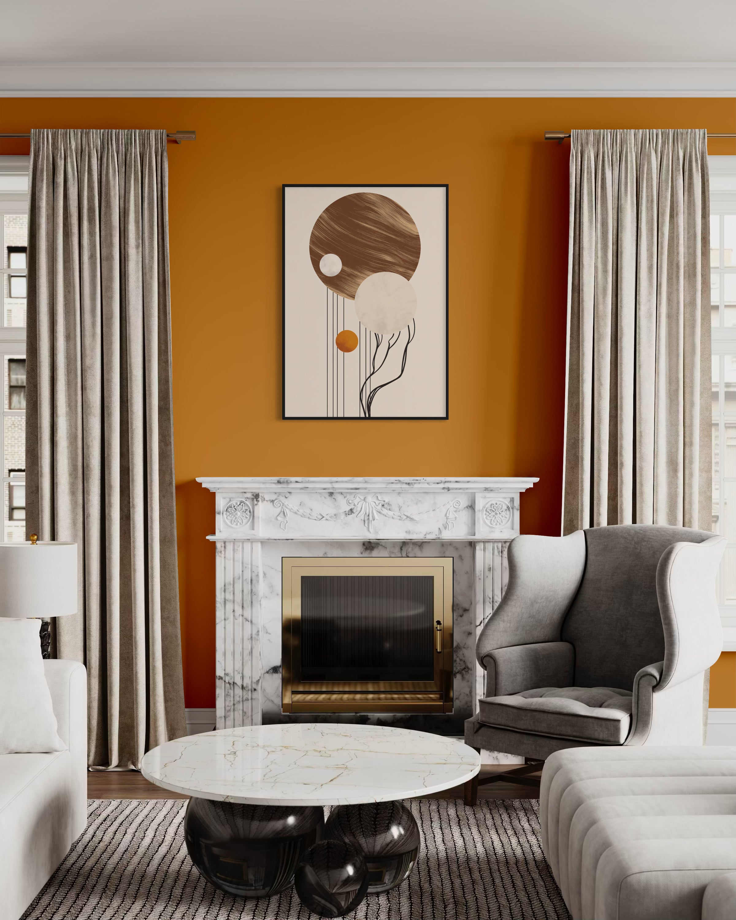 Sfere eleganti home, cornice nera con illustrazione astratta di sfere