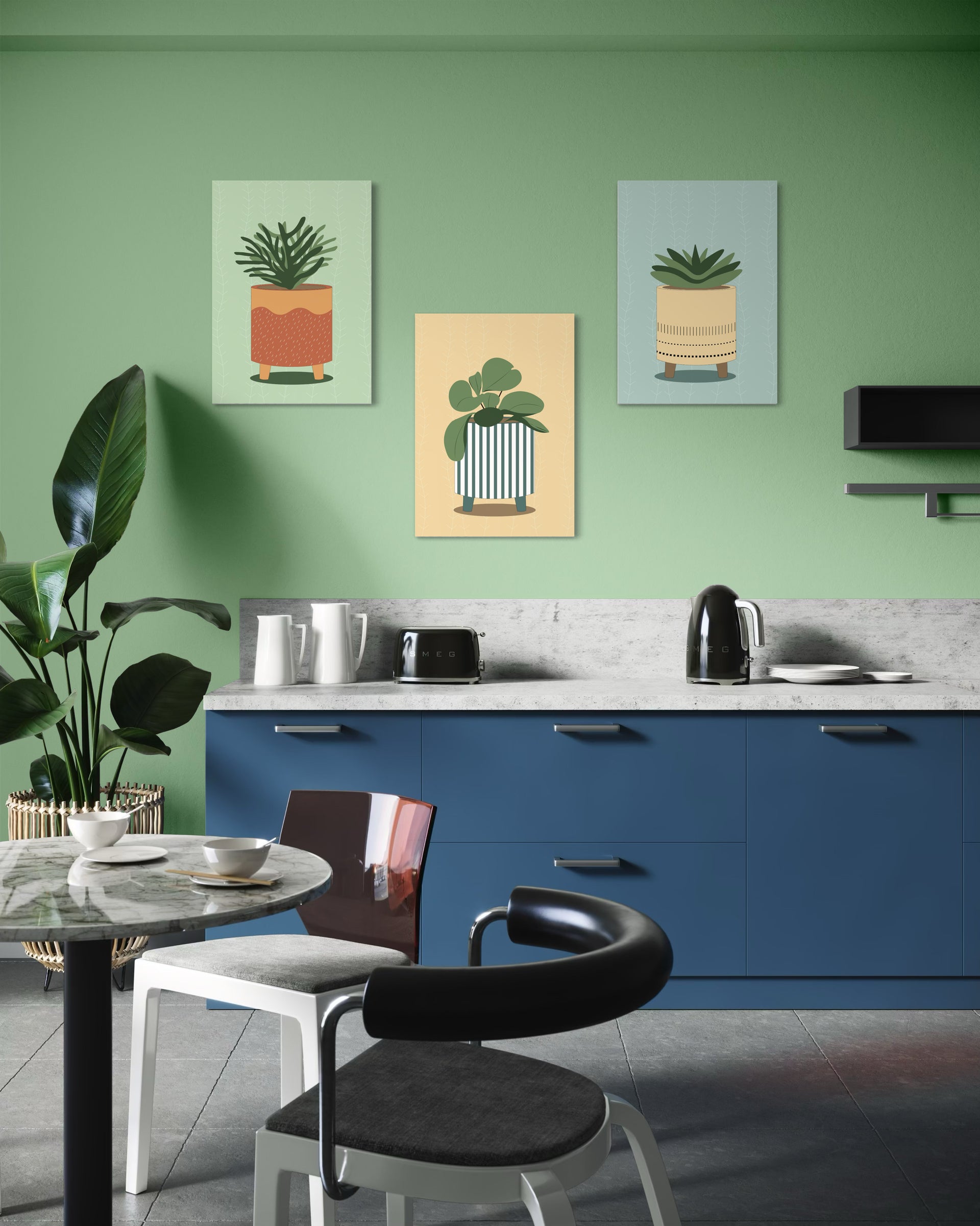 Set piante cucina: 3 stampe incorniciate con vasi e piante verdi