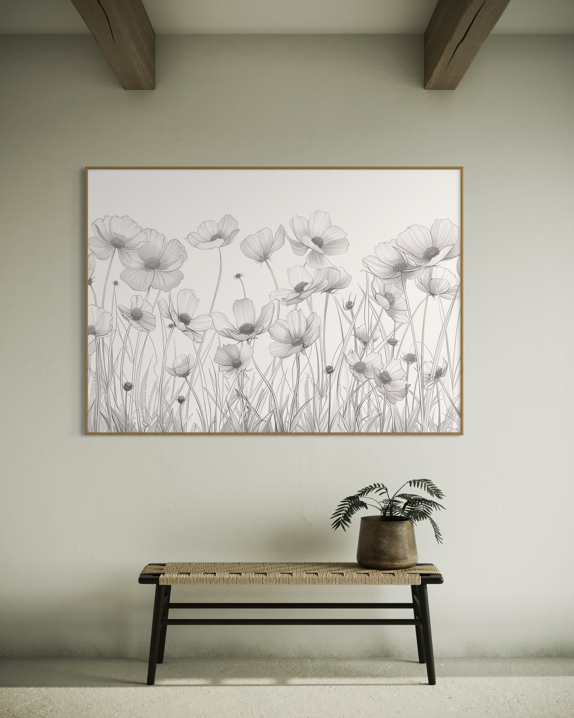 Classic white flowers framed print with gold frame and delicate white line flowers