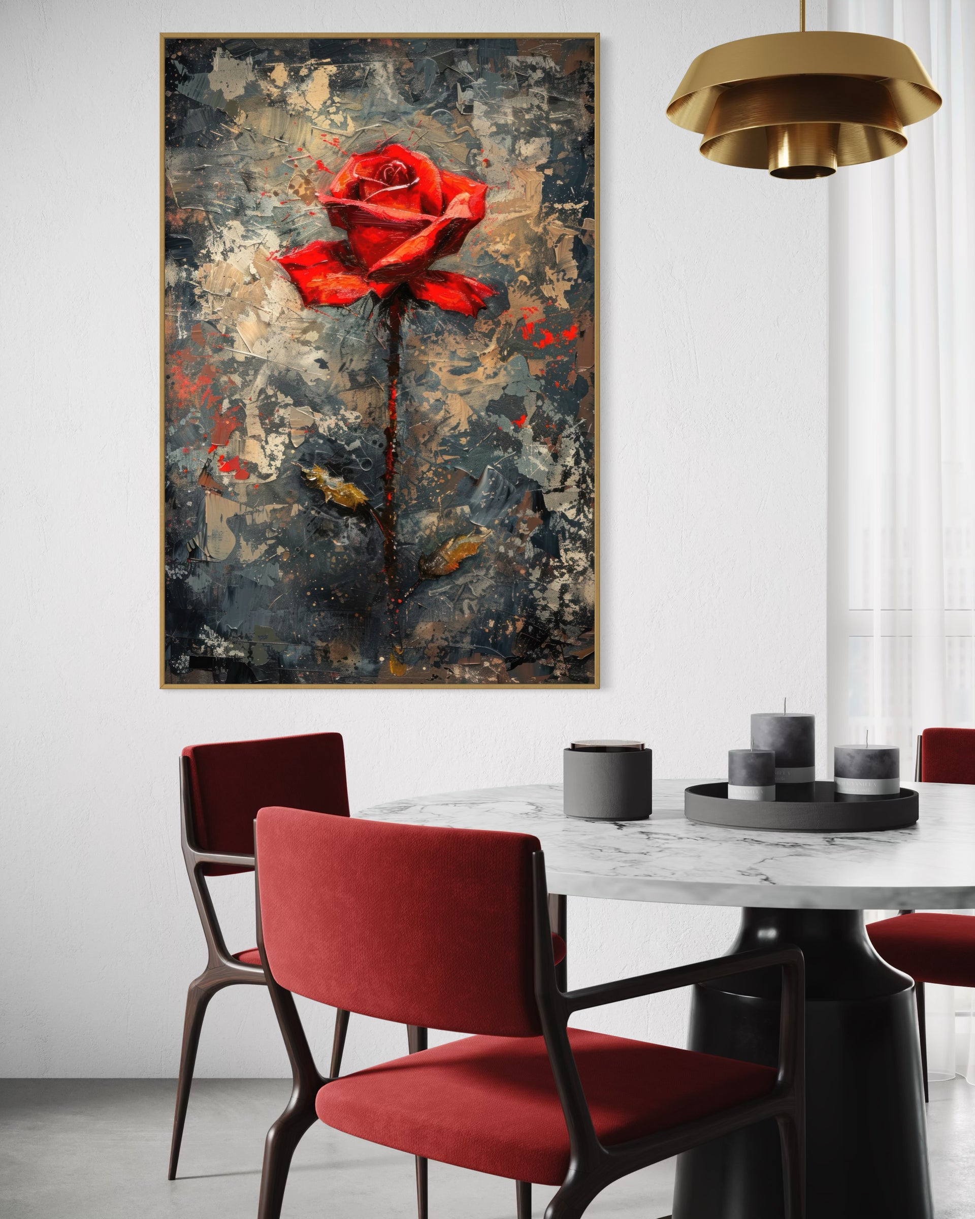 Rose elegant con rosa rossa su sfondo astratto, cornice nera verticale