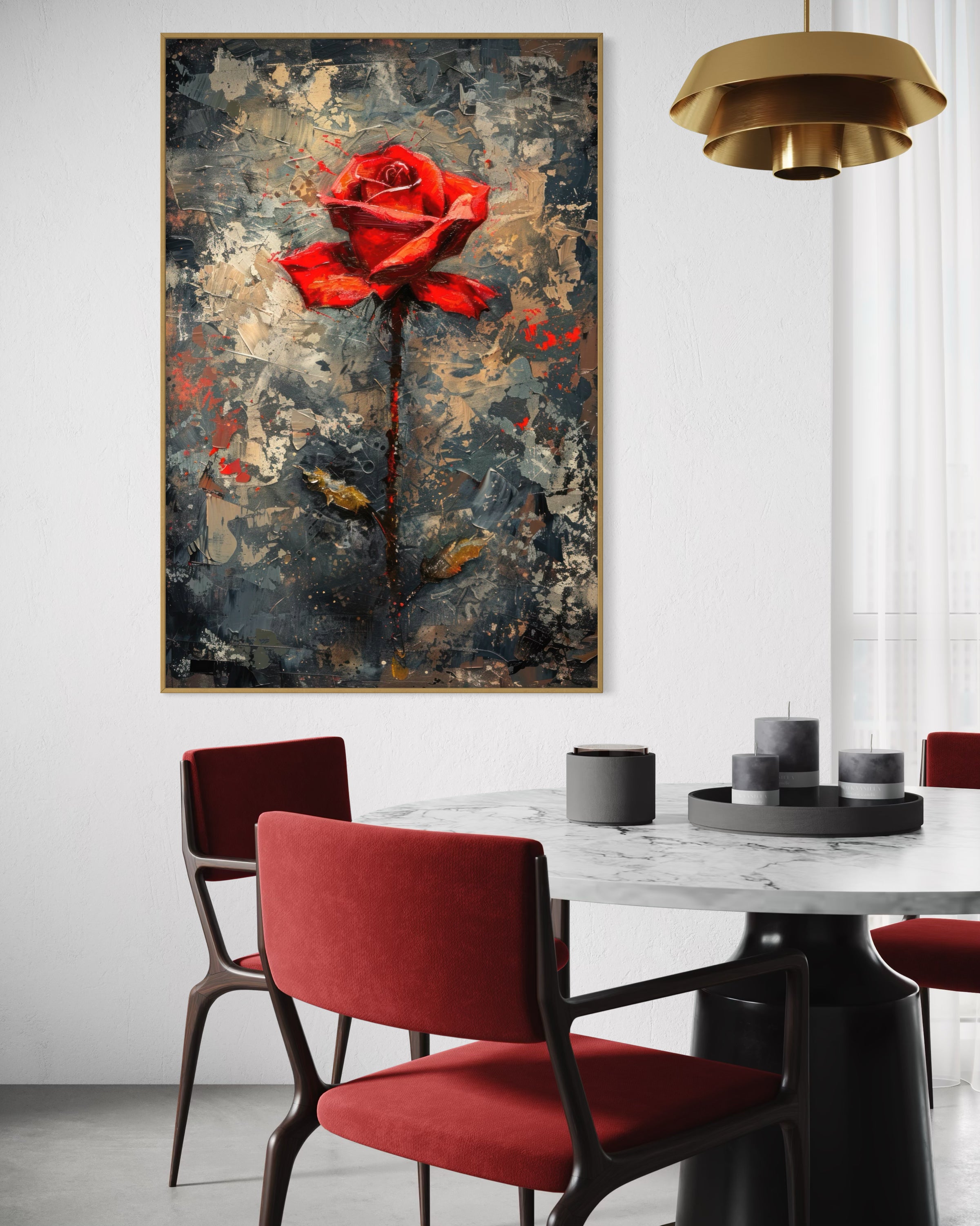 Quadro incorniciato con rosa rossa su sfondo texture, cornice scura