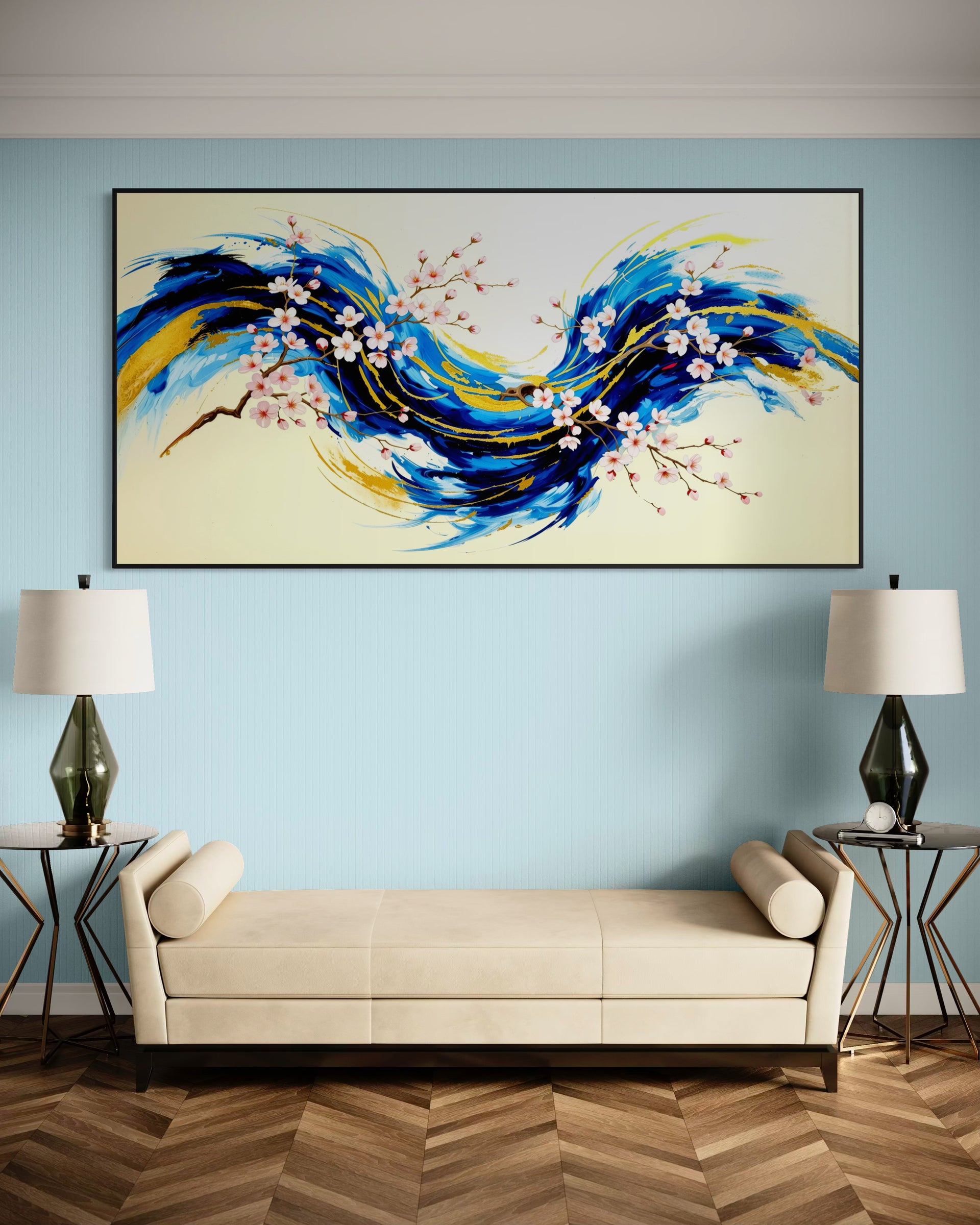 Blu oro in fiore con onde blu e fiori, cornice nera