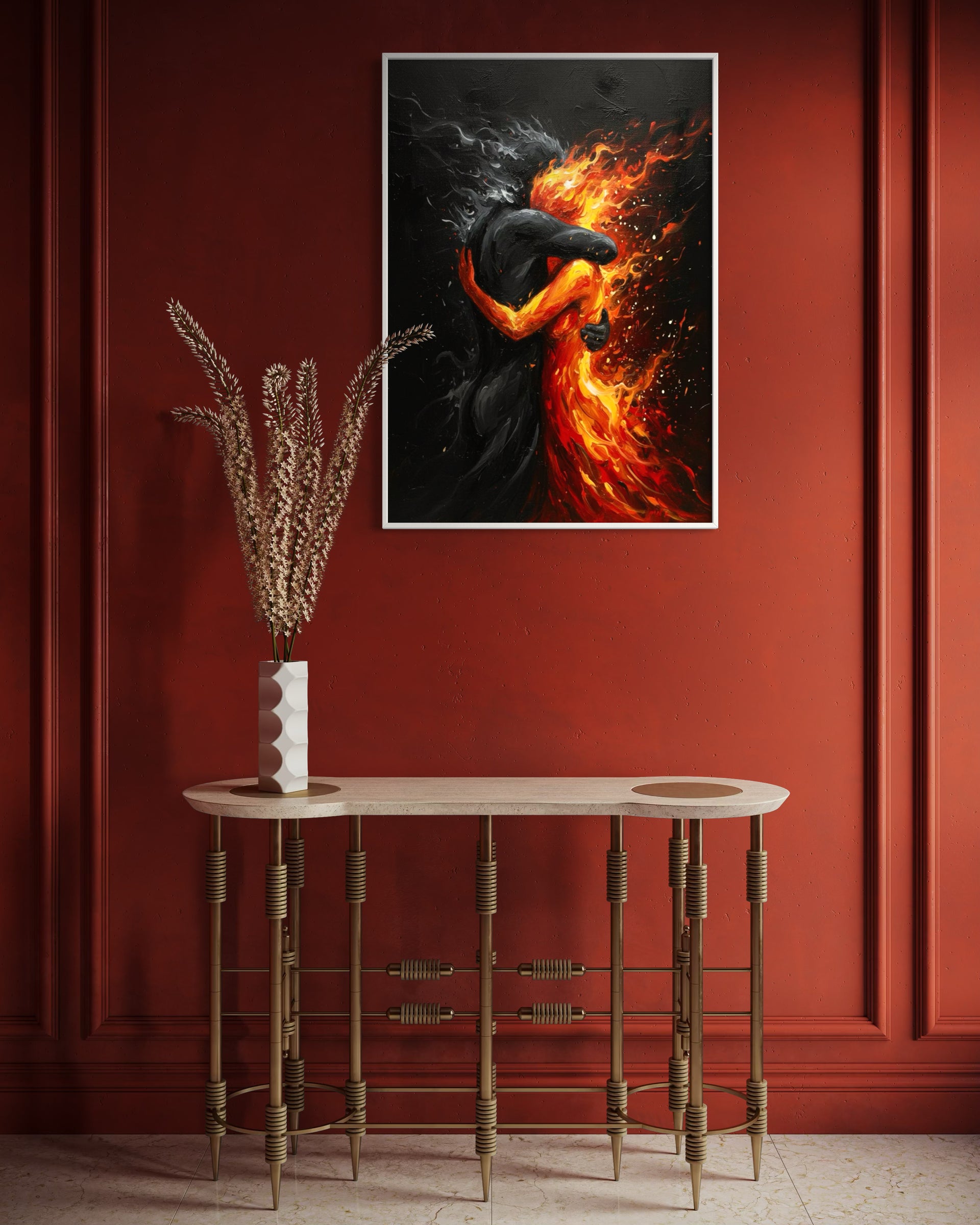 Flame dark love: quadro incorniciato con donna in fiamme su sfondo scuro