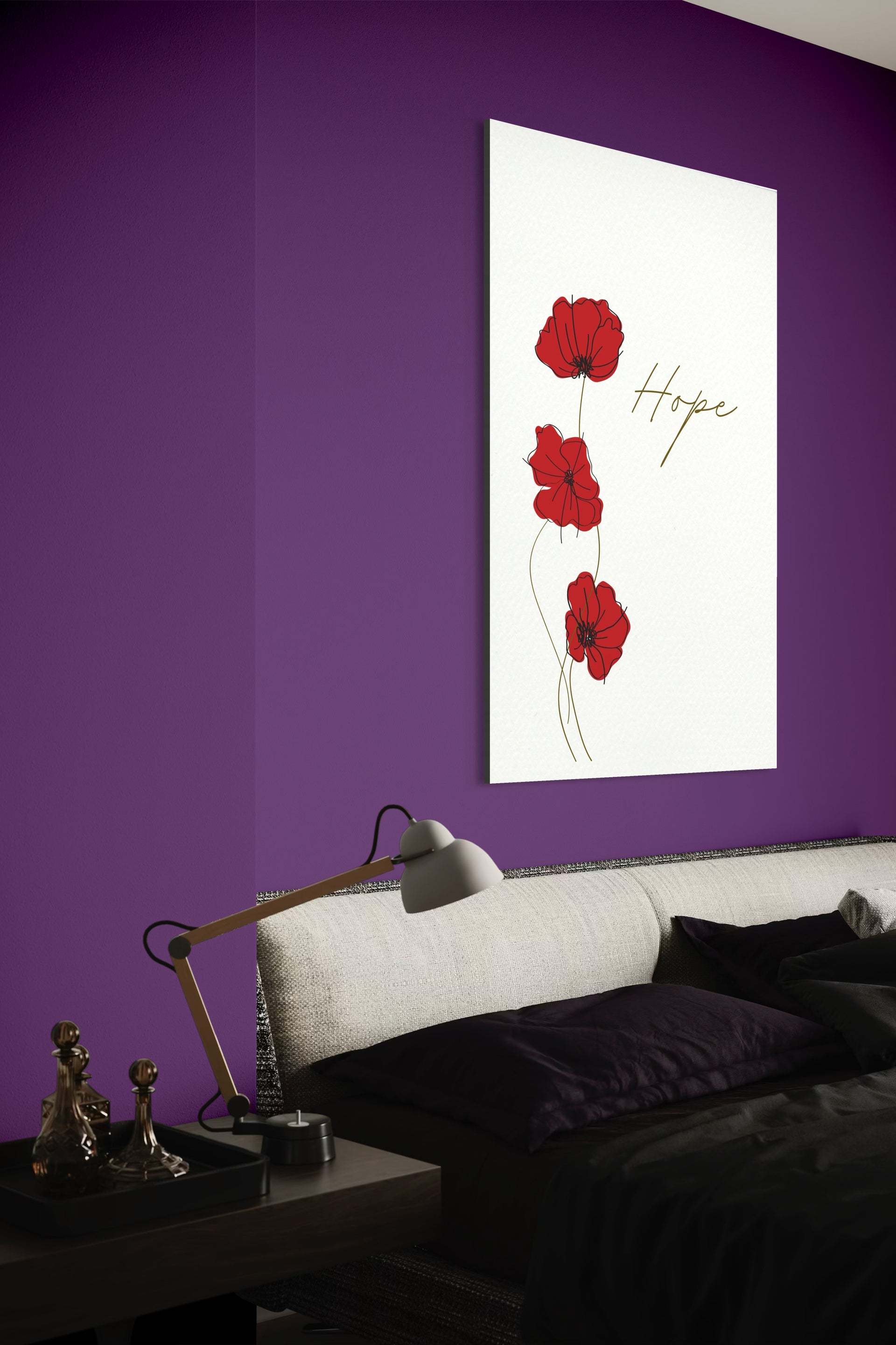 Stampa incorniciata con cornice nera, tre fiori rossi e scritta Hope su fondo bianco