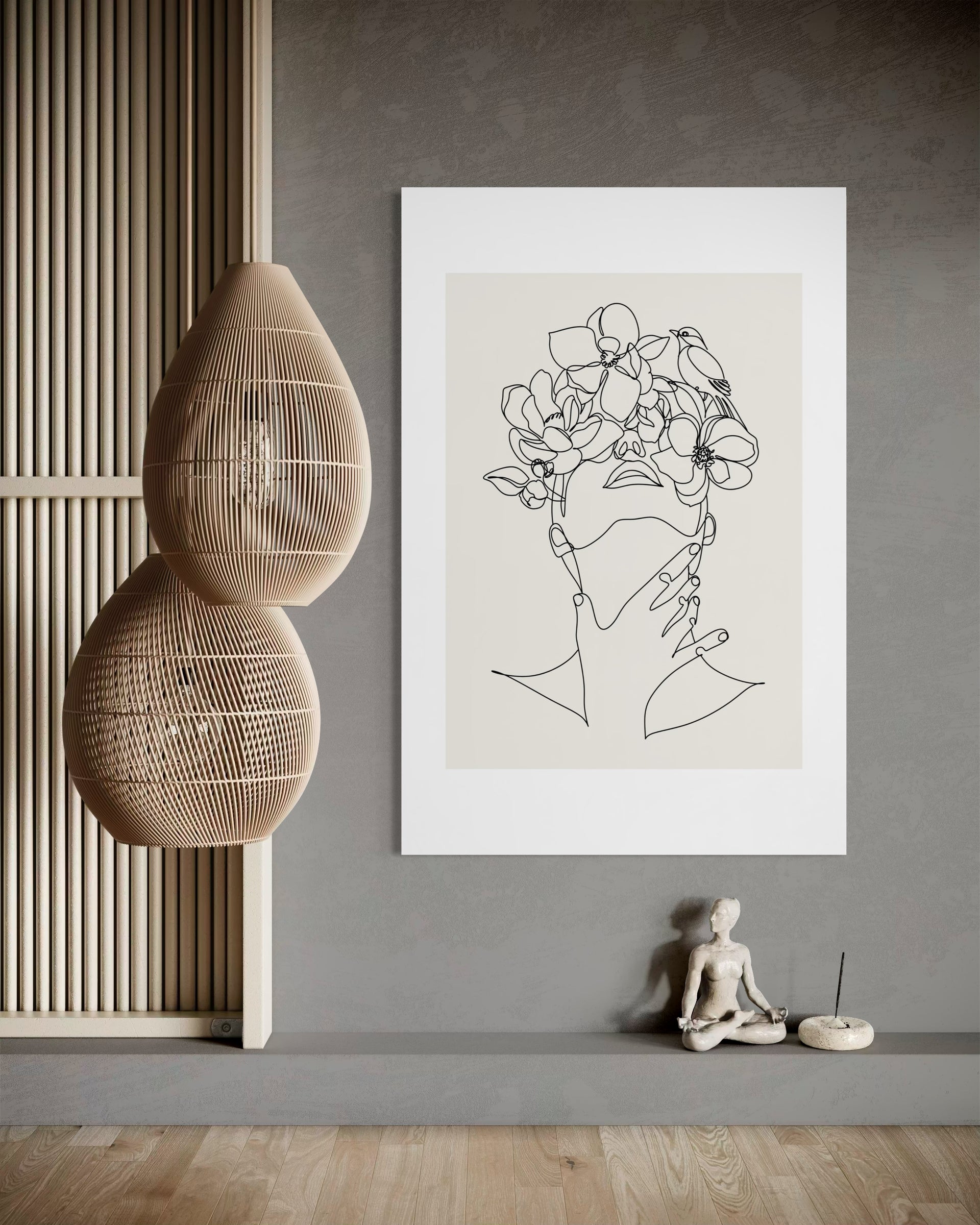 Home design essenza con cornice bianca e illustrazione floreale minimalista