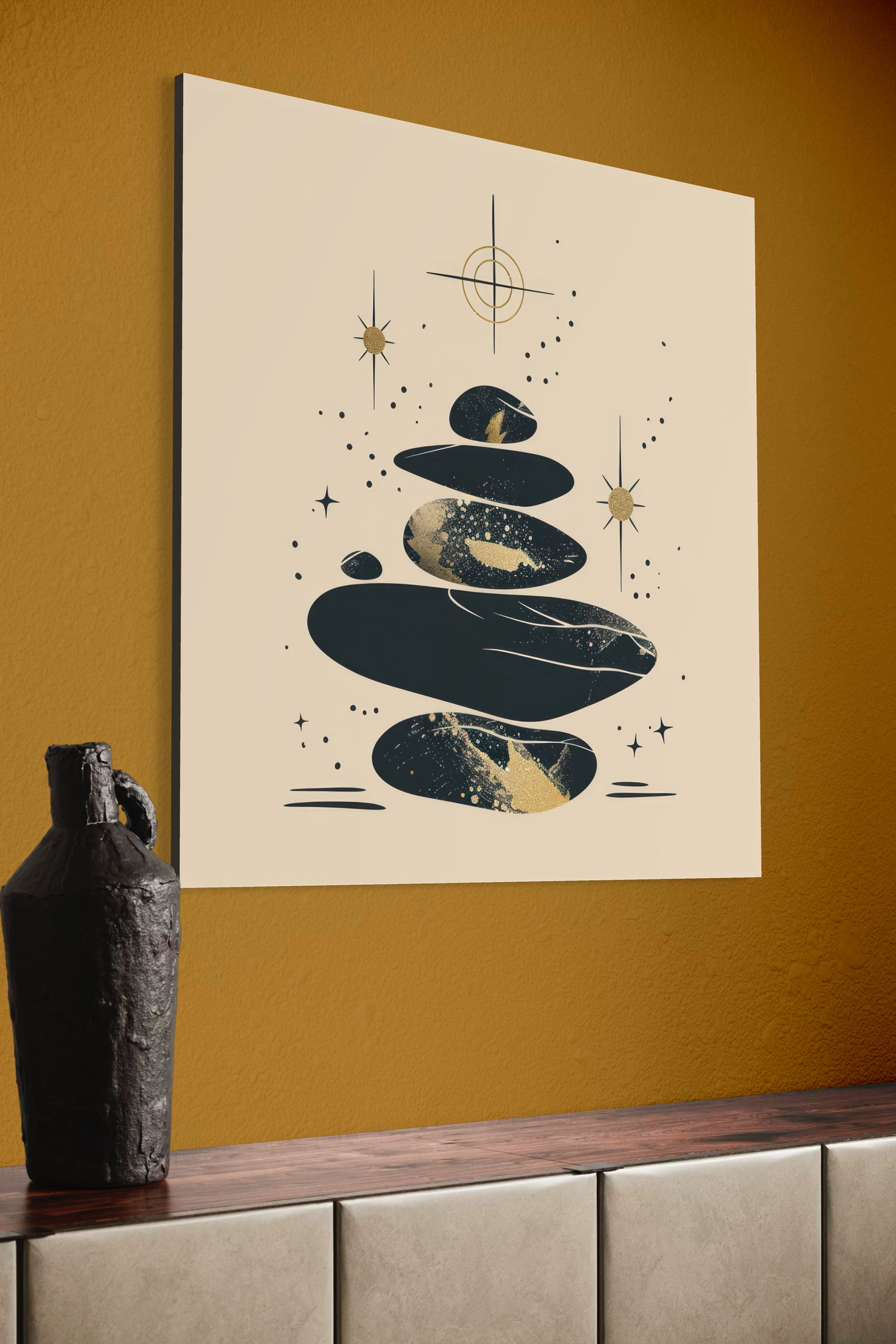 Poster incorniciato con illustrazione astratta oro e rocce, bordo nero