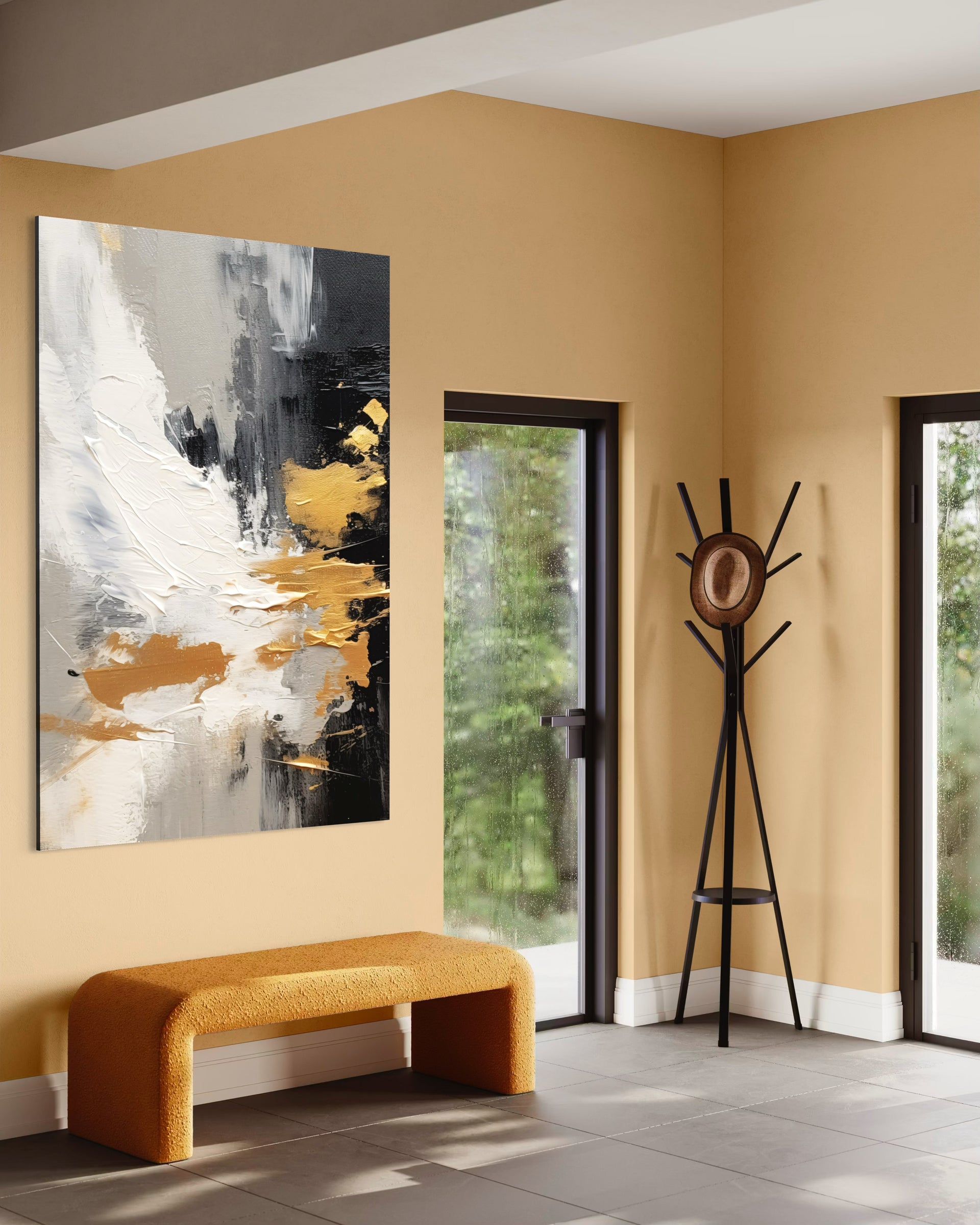 Quadro astratto con cornice nera, pennellate oro, bianco e nero