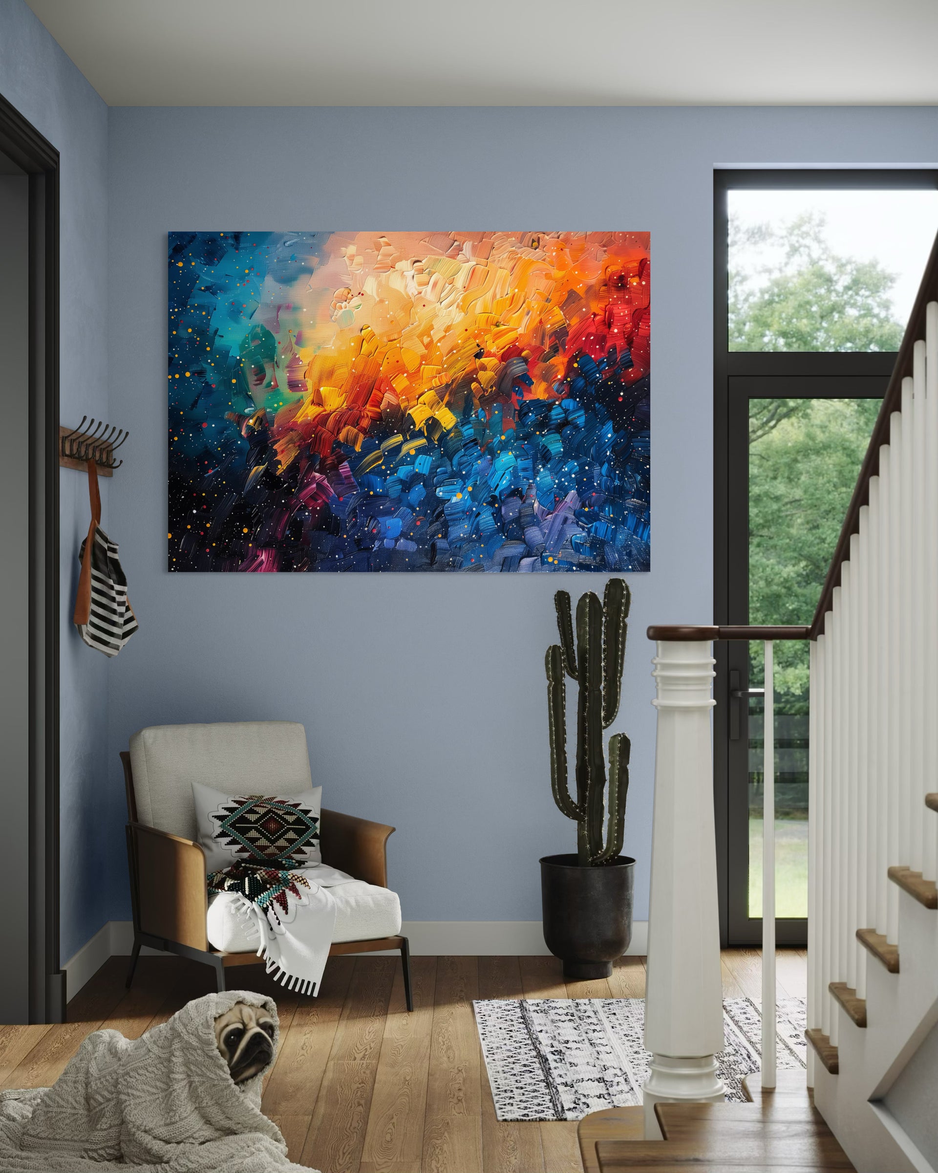 Pittura olio astratta Home design con cornice scura, colori blu e arancio