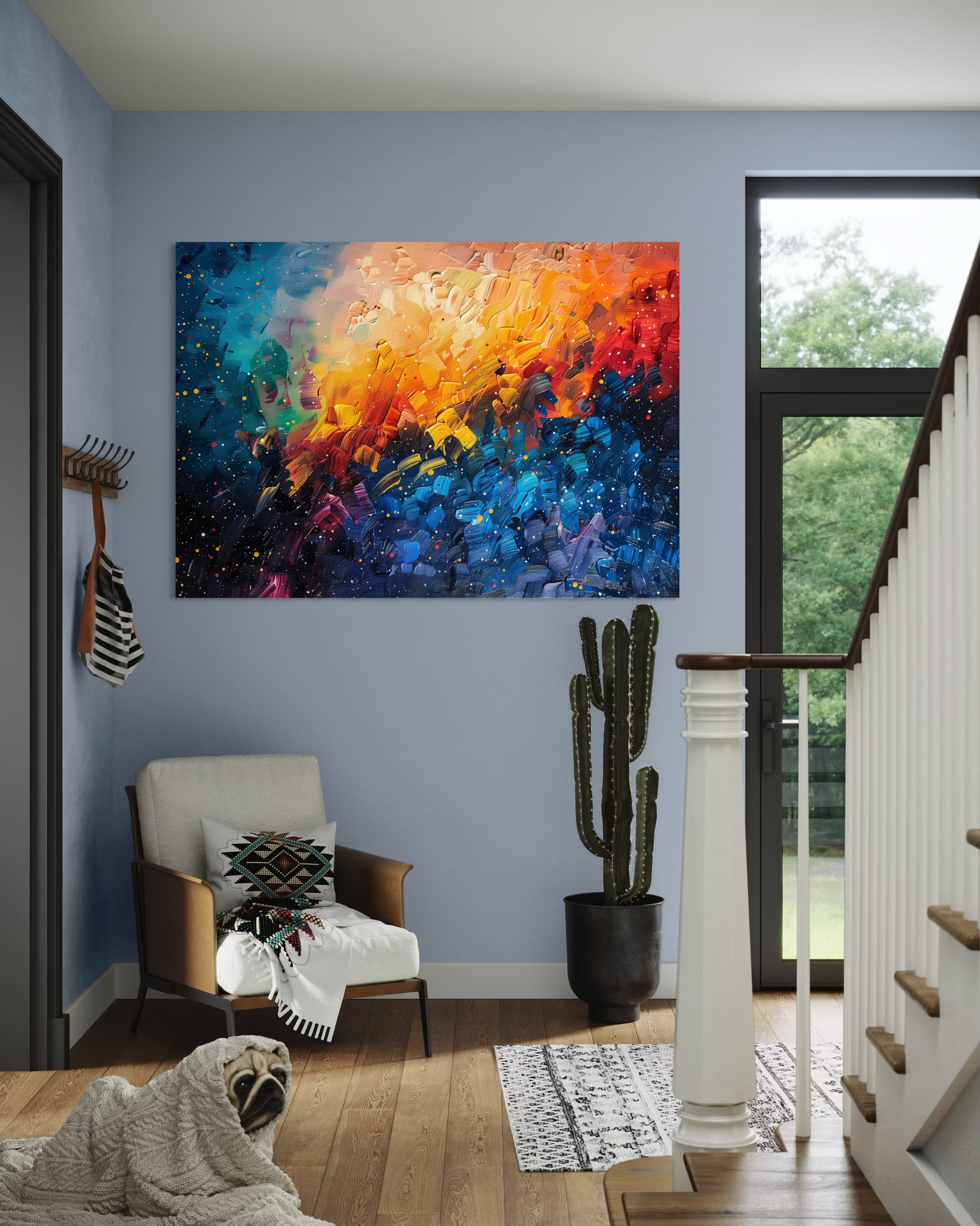 Pittura a olio astratta rettangolare con cornice nera, colori blu, arancio e fucsia.