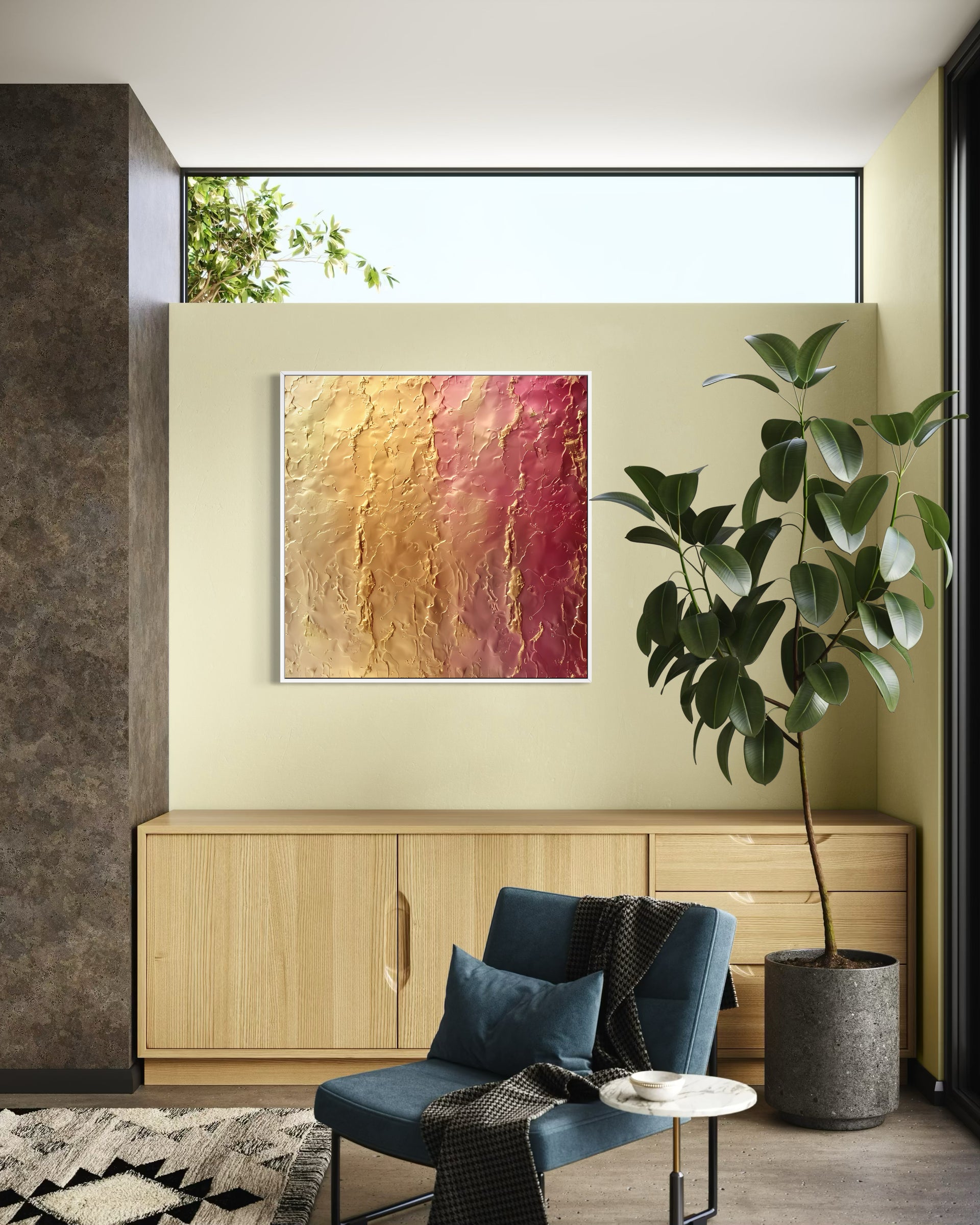 Quadro astratto oro e rosa con cornice sottile, rettangolo quadrato