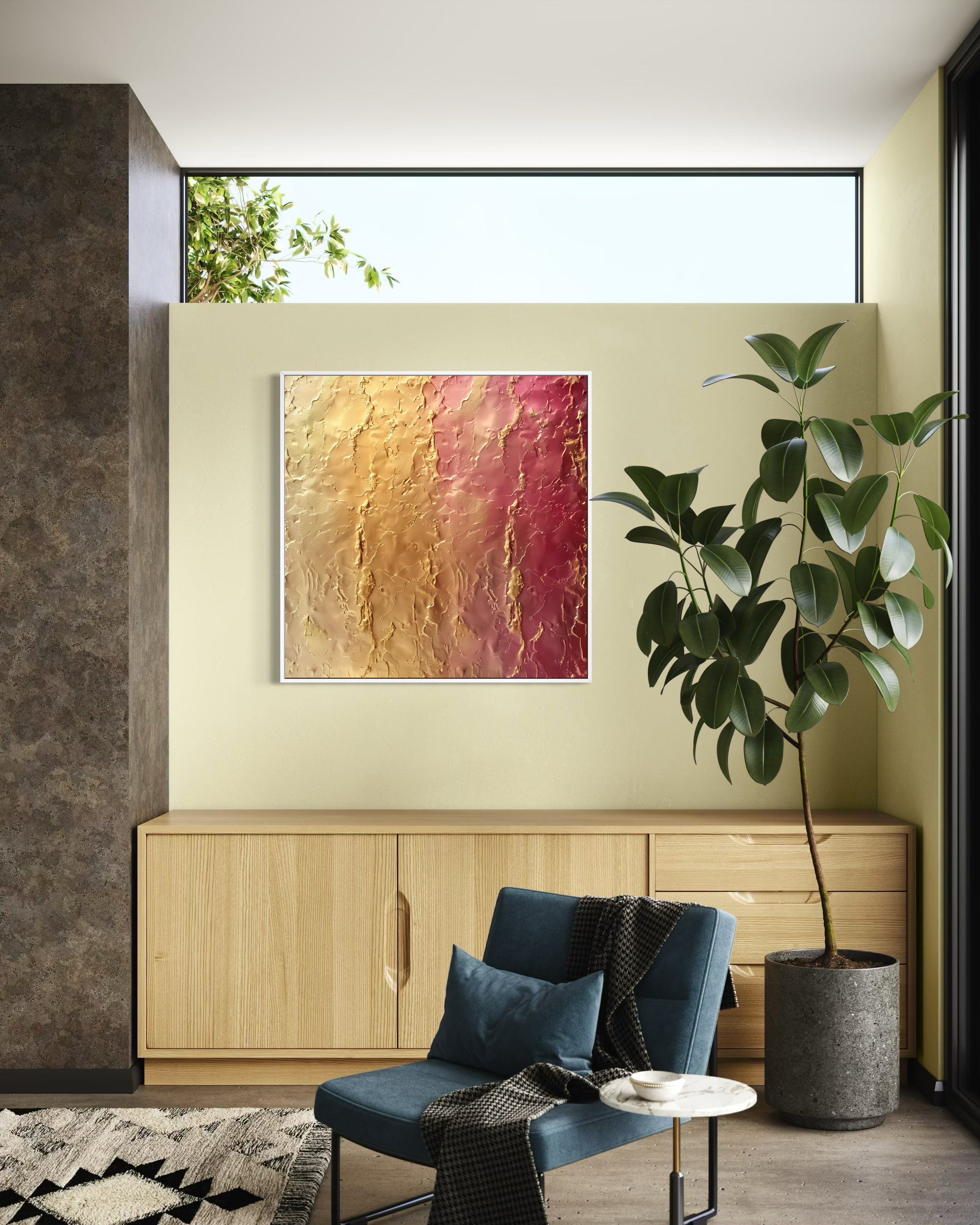 Quadro astratto oro e rosa con cornice sottile, rettangolo quadrato