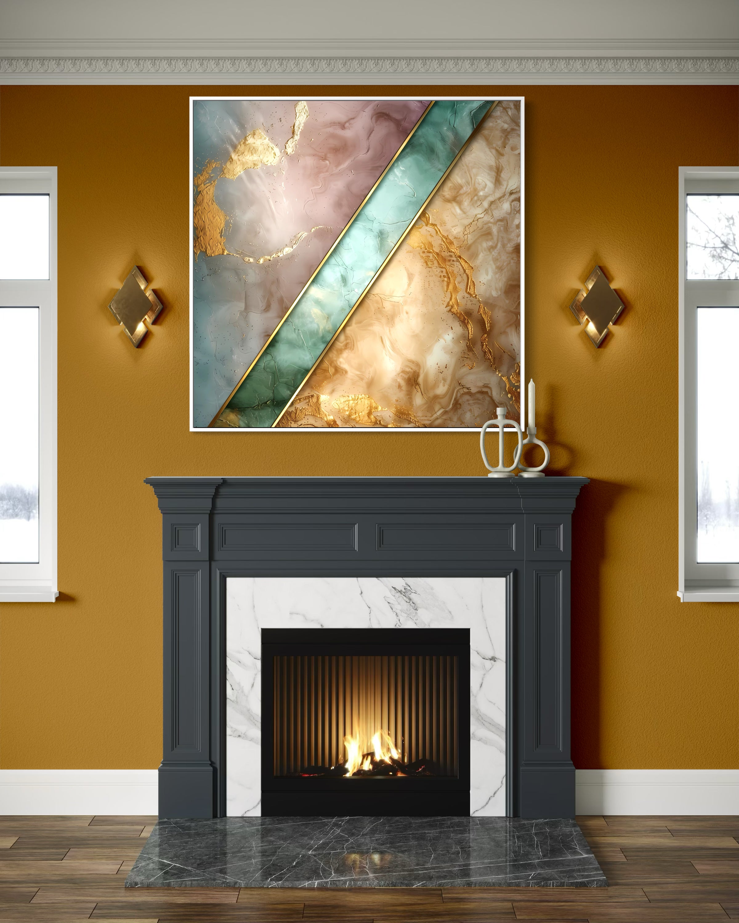 Quadro decorativo oro e verde con strisce diagonali eleganti, cornice bianca