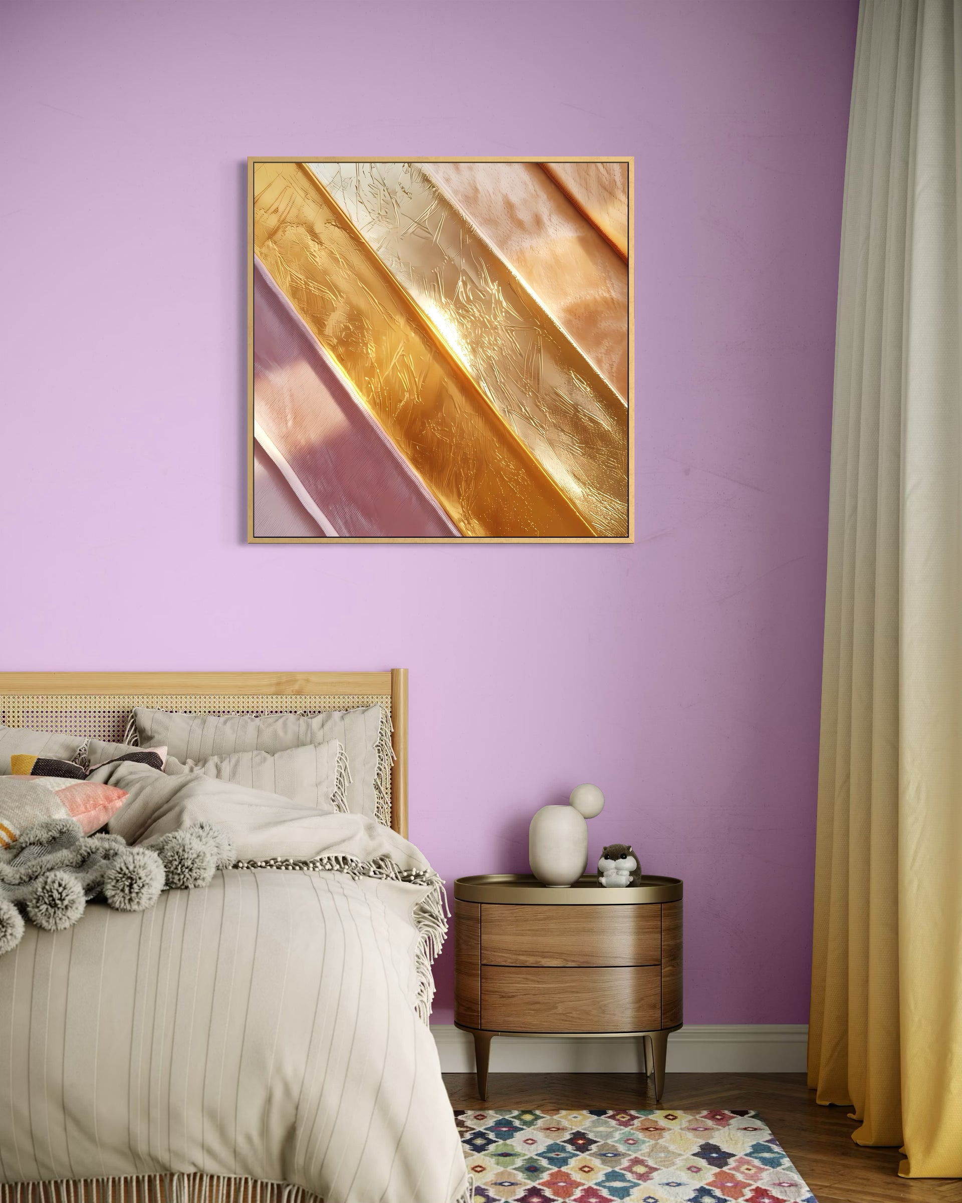 Quadro astratto con cornice dorata e linee oro in rilievo
