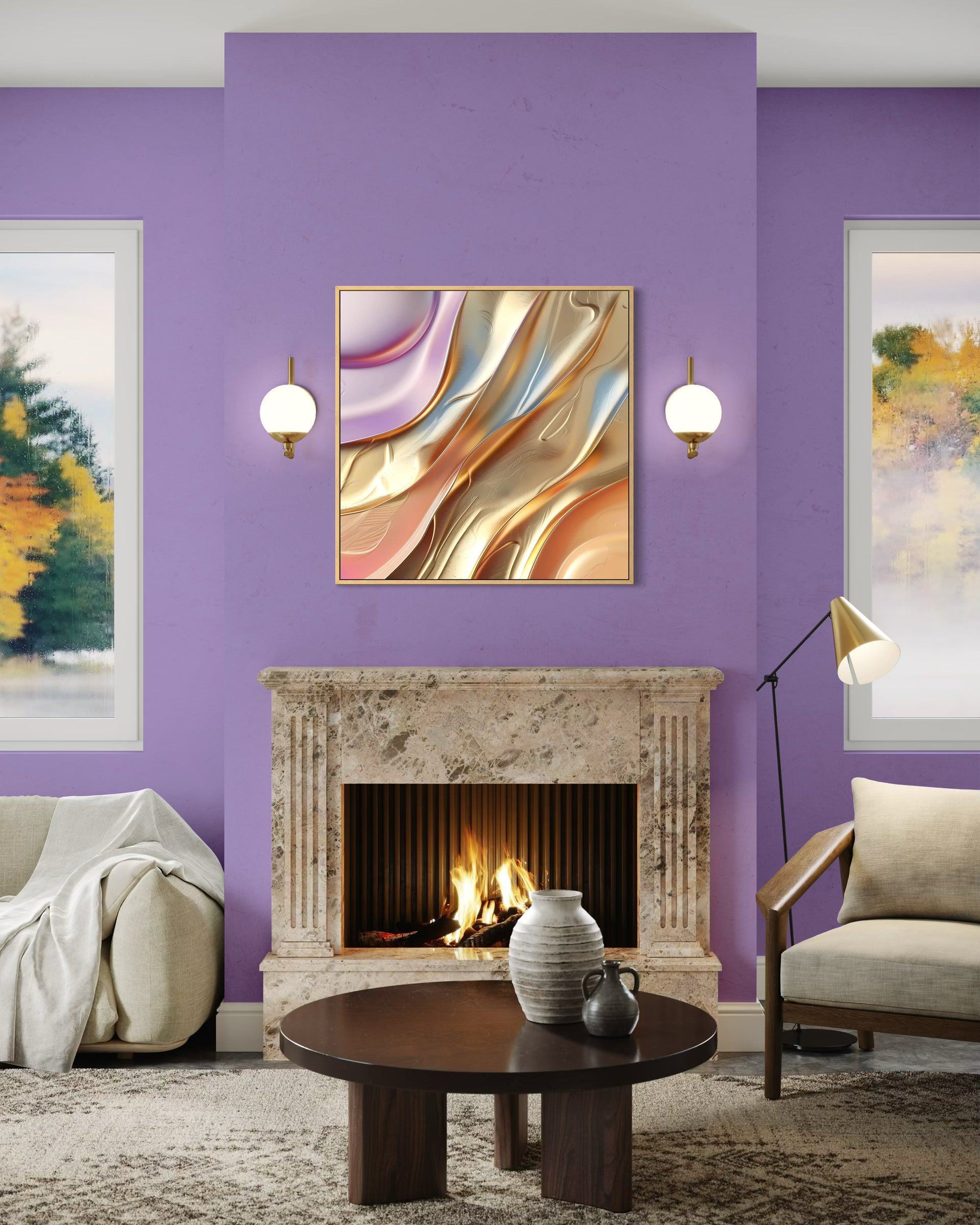 Quadro oro con onde astratte, cornice dorata sottile
