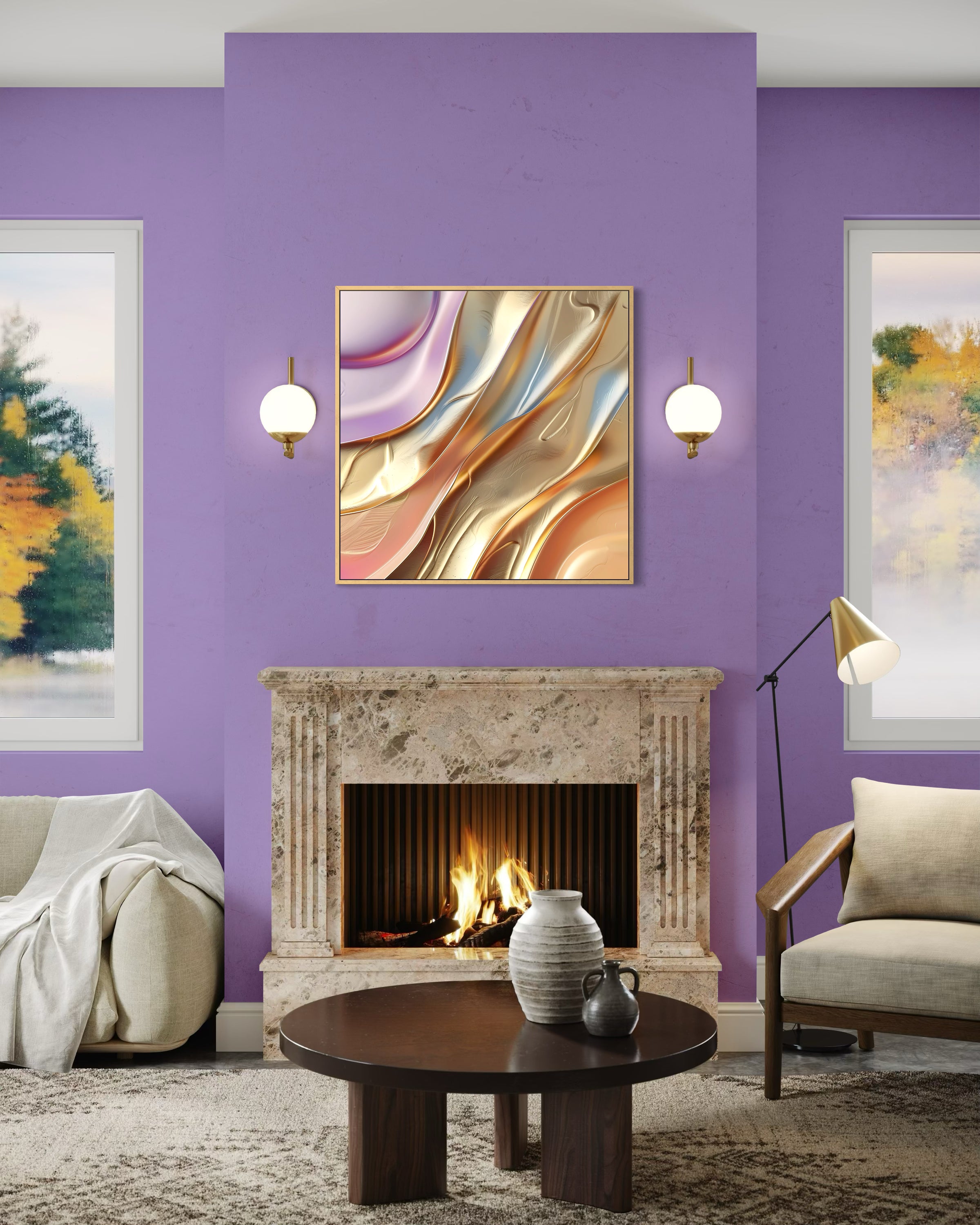 Quadro oro con onde astratte, cornice dorata sottile