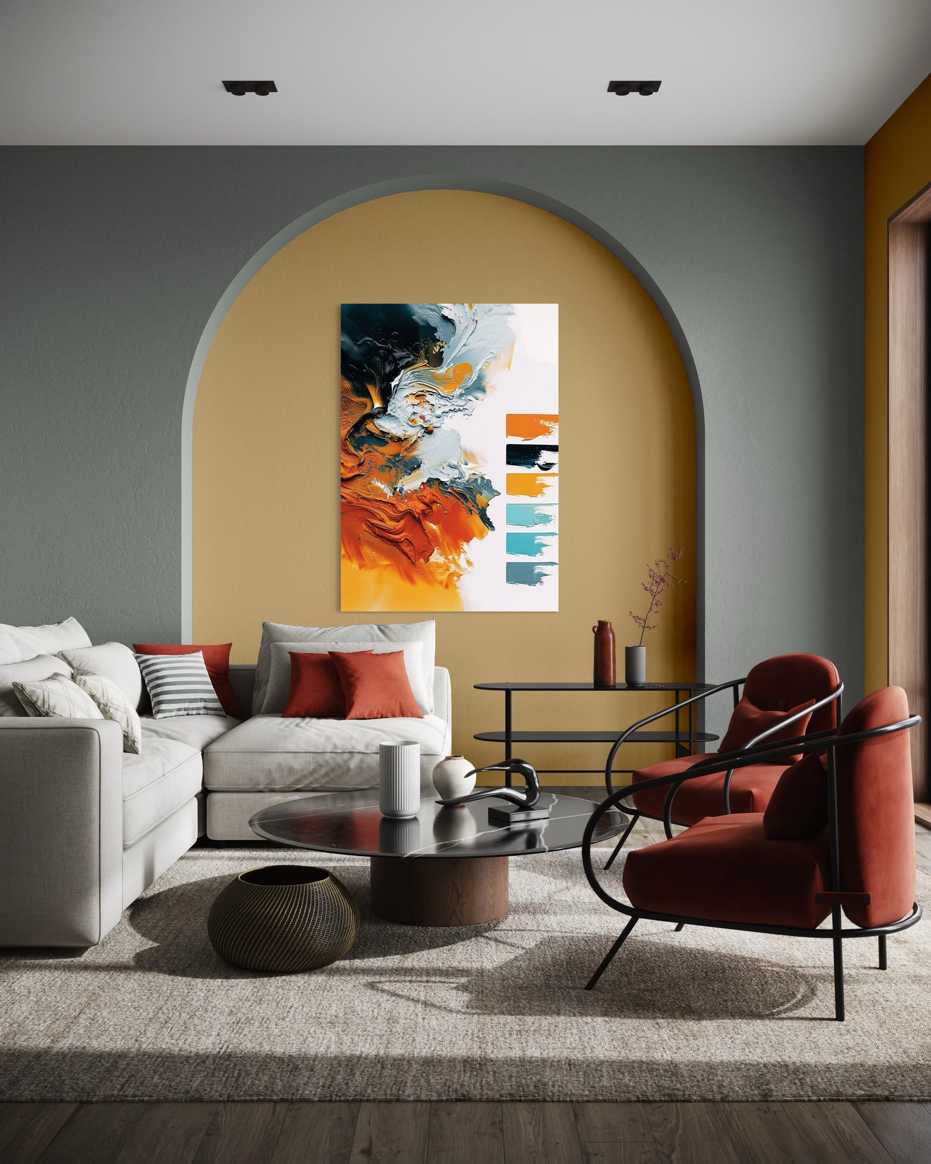 Home design color exprime, cornice ad arco con stampa astratta colorata