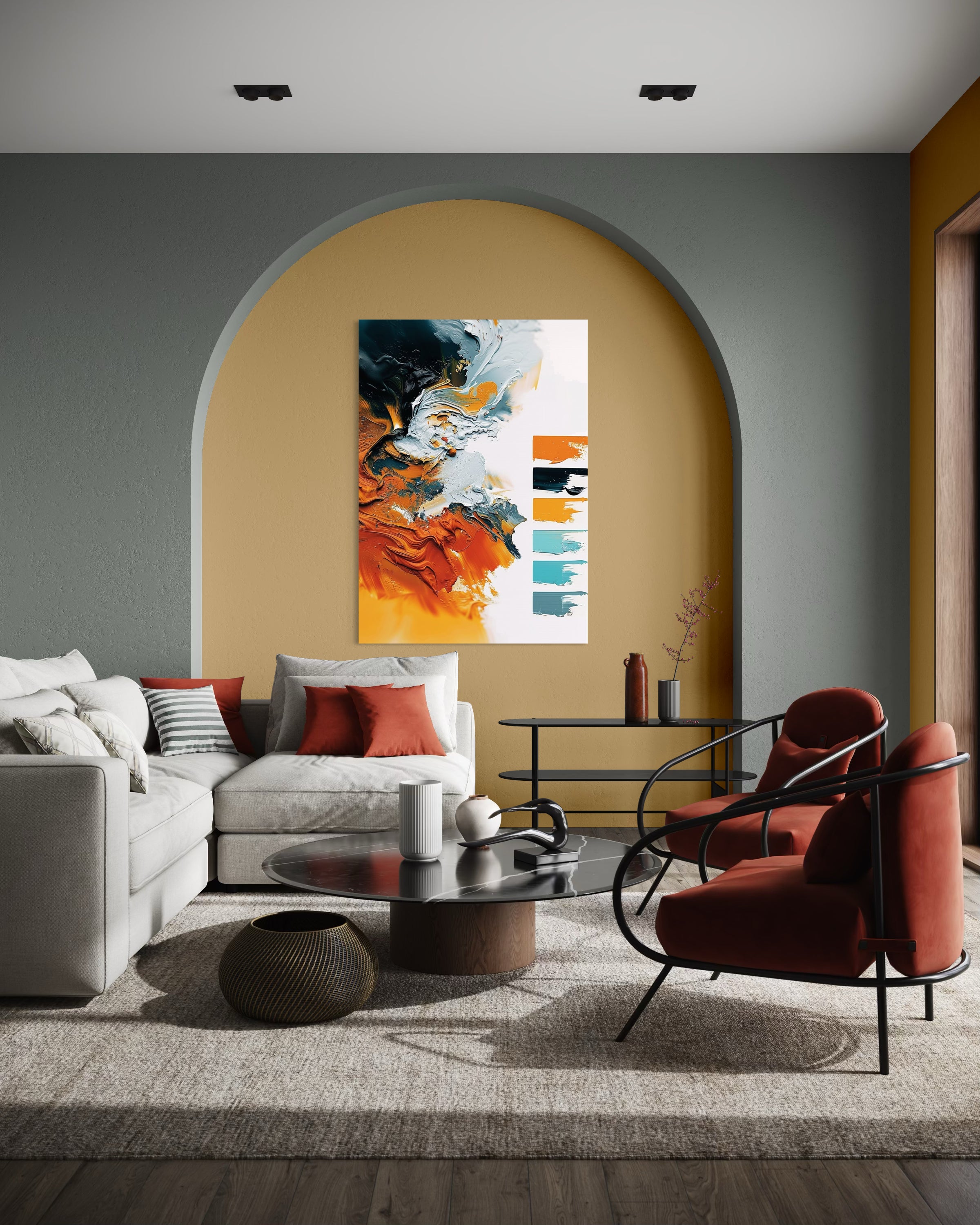 Stampa da parete con cornice rotonda color oro e immagine astratta in quadri
