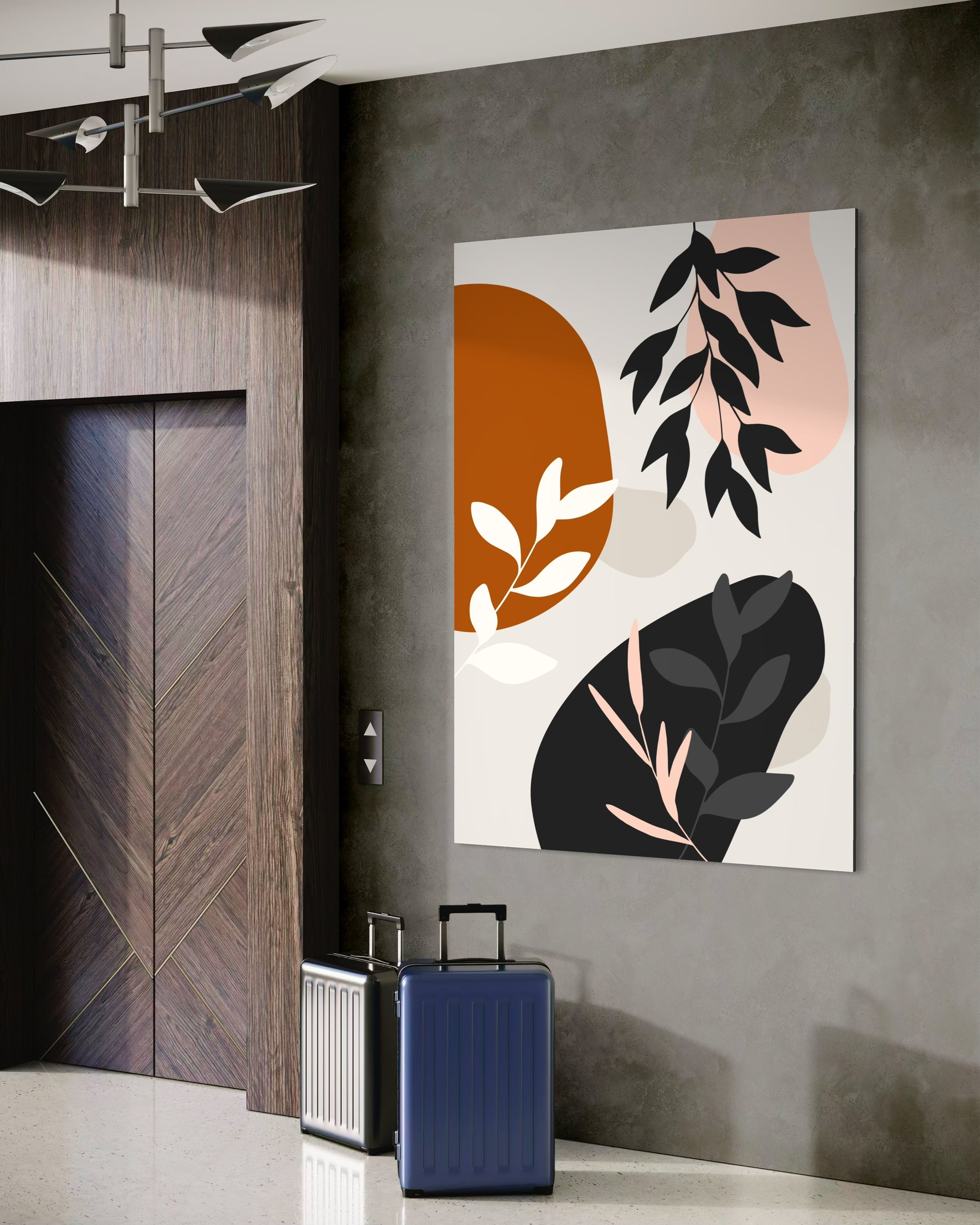 Home design salotto: quadro astratto con foglie, telaio chiaro