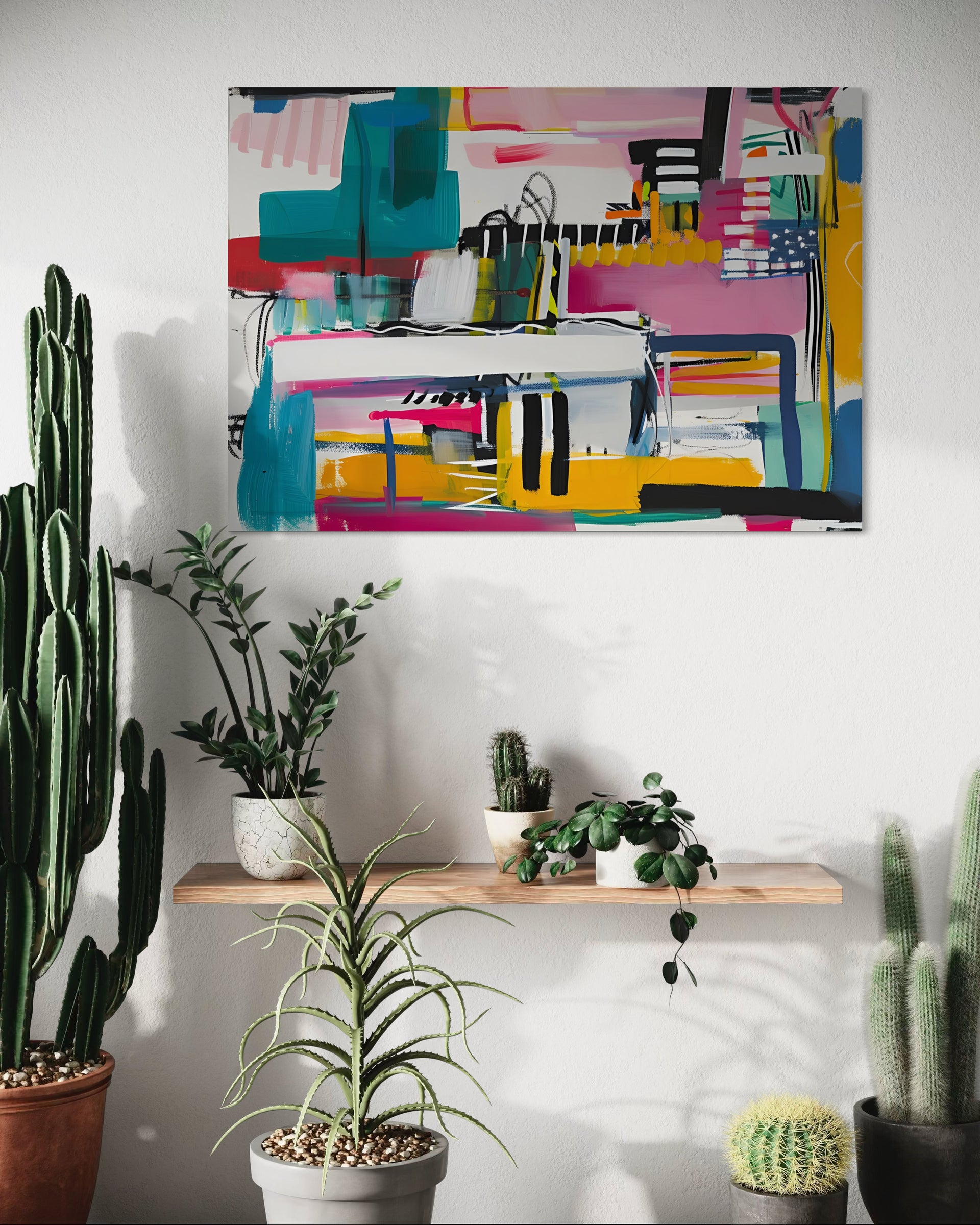 Quadro astratto con pennellate multicolori e cornice chiara