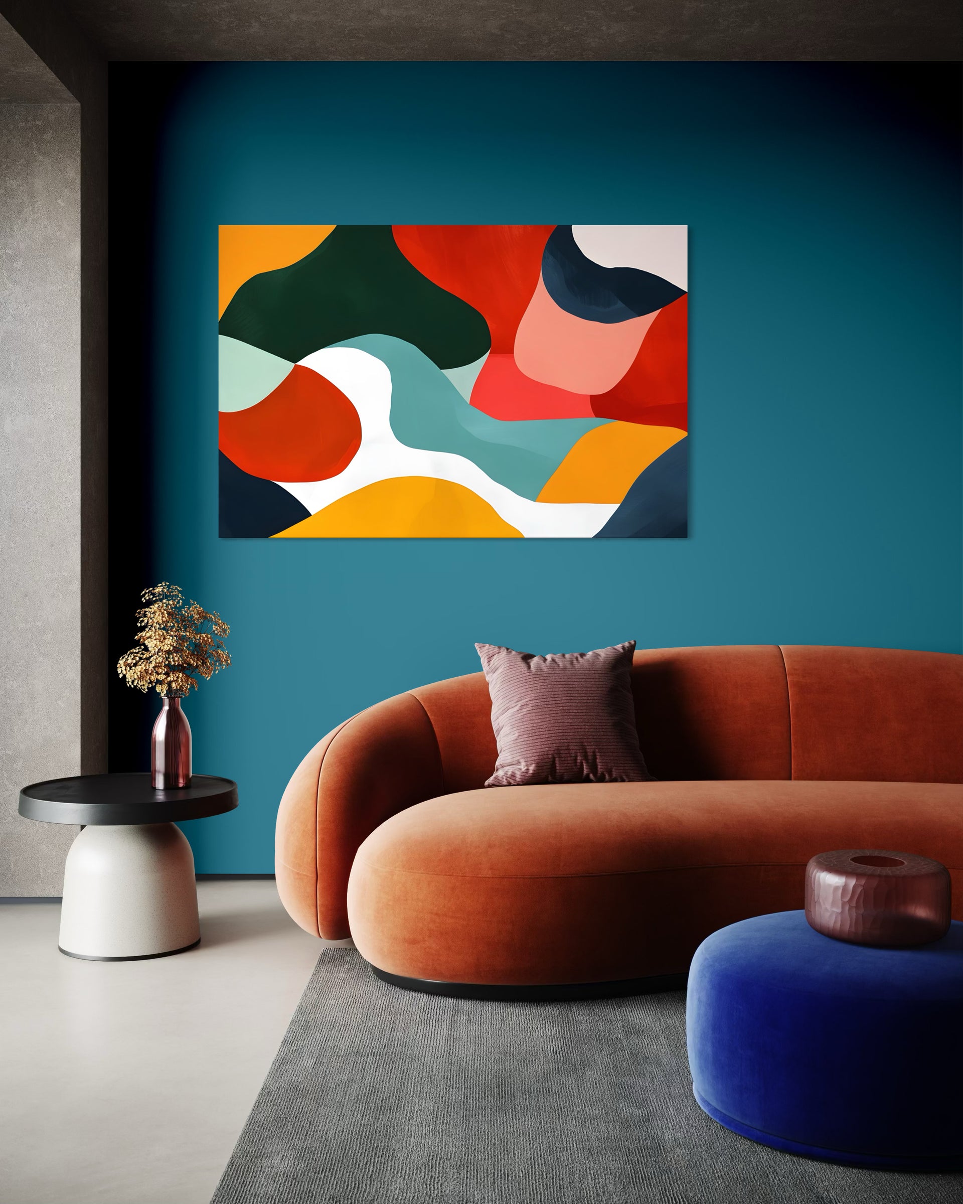Quadro astratto con cornice nera, forme geometriche colorate