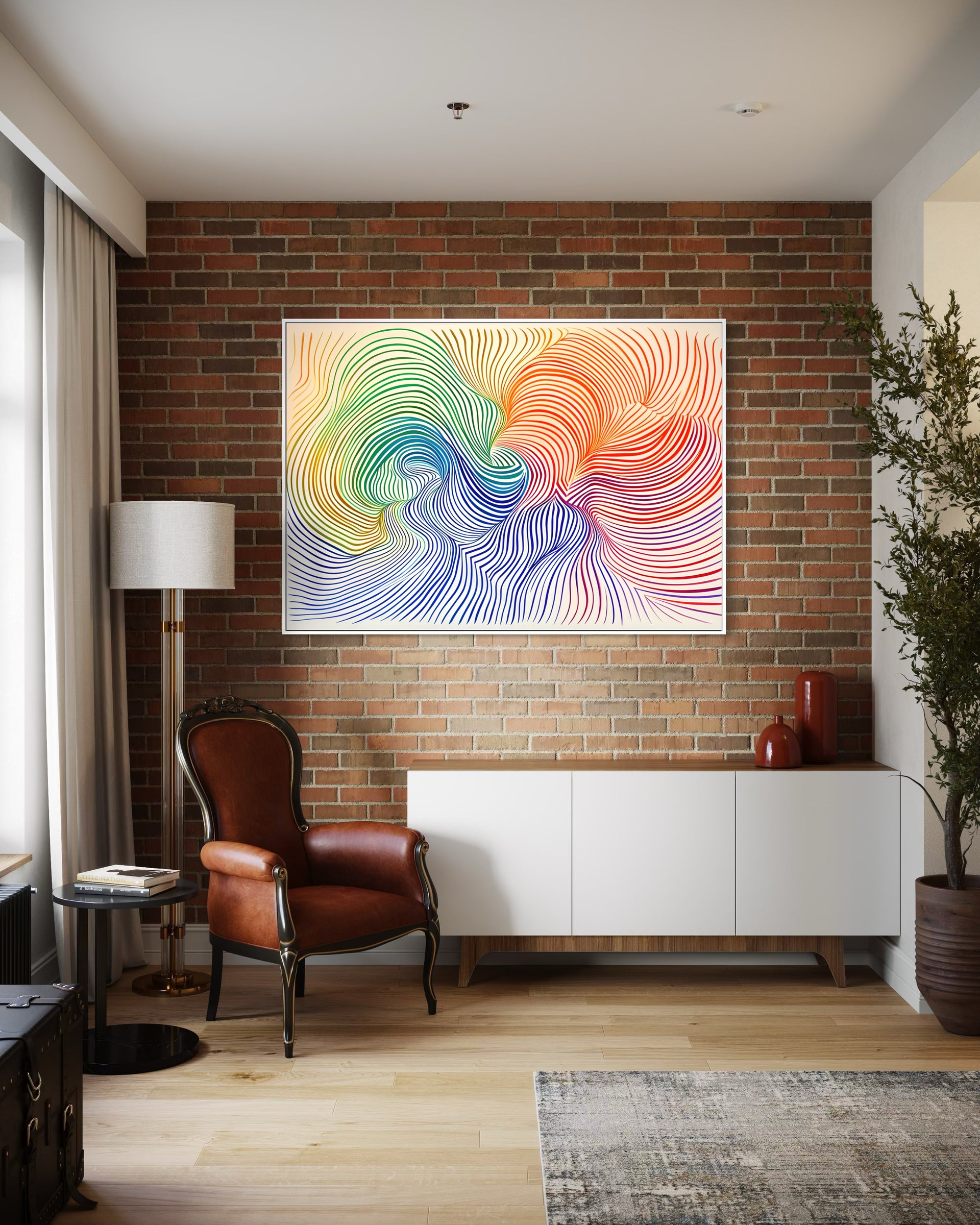 Home design immaginazione: stampa incorniciata con onde a linee colorate e cornice bianca.