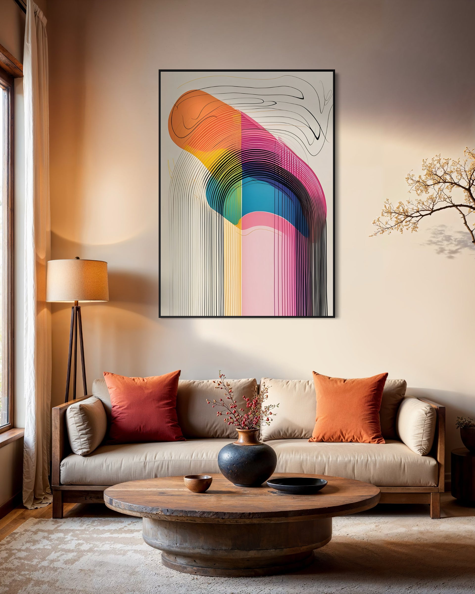 Quadro con sfumature colorate e telaio nero, stile astratto per parete