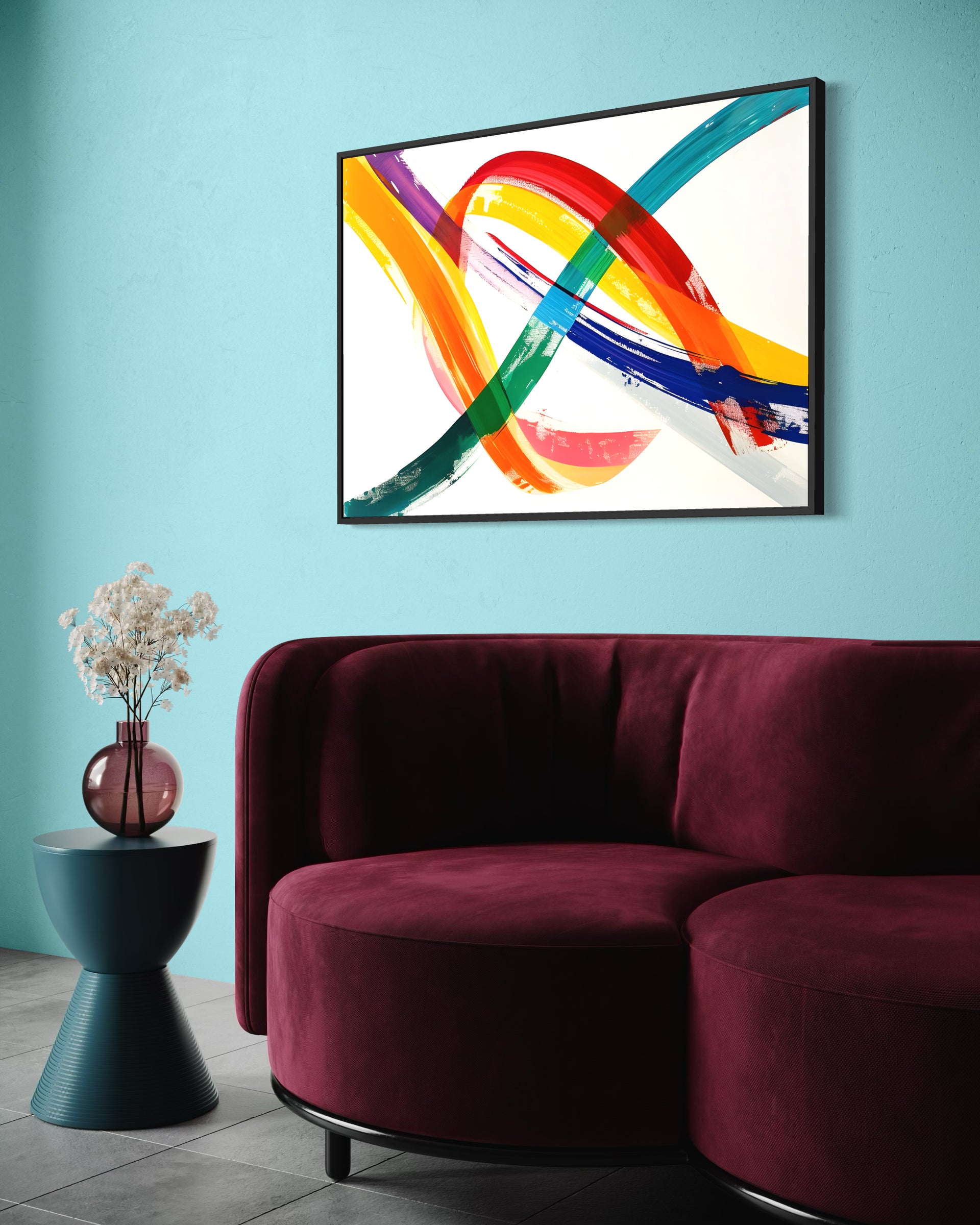 Home design linee arte con cornice nera e linee astratte multicolori