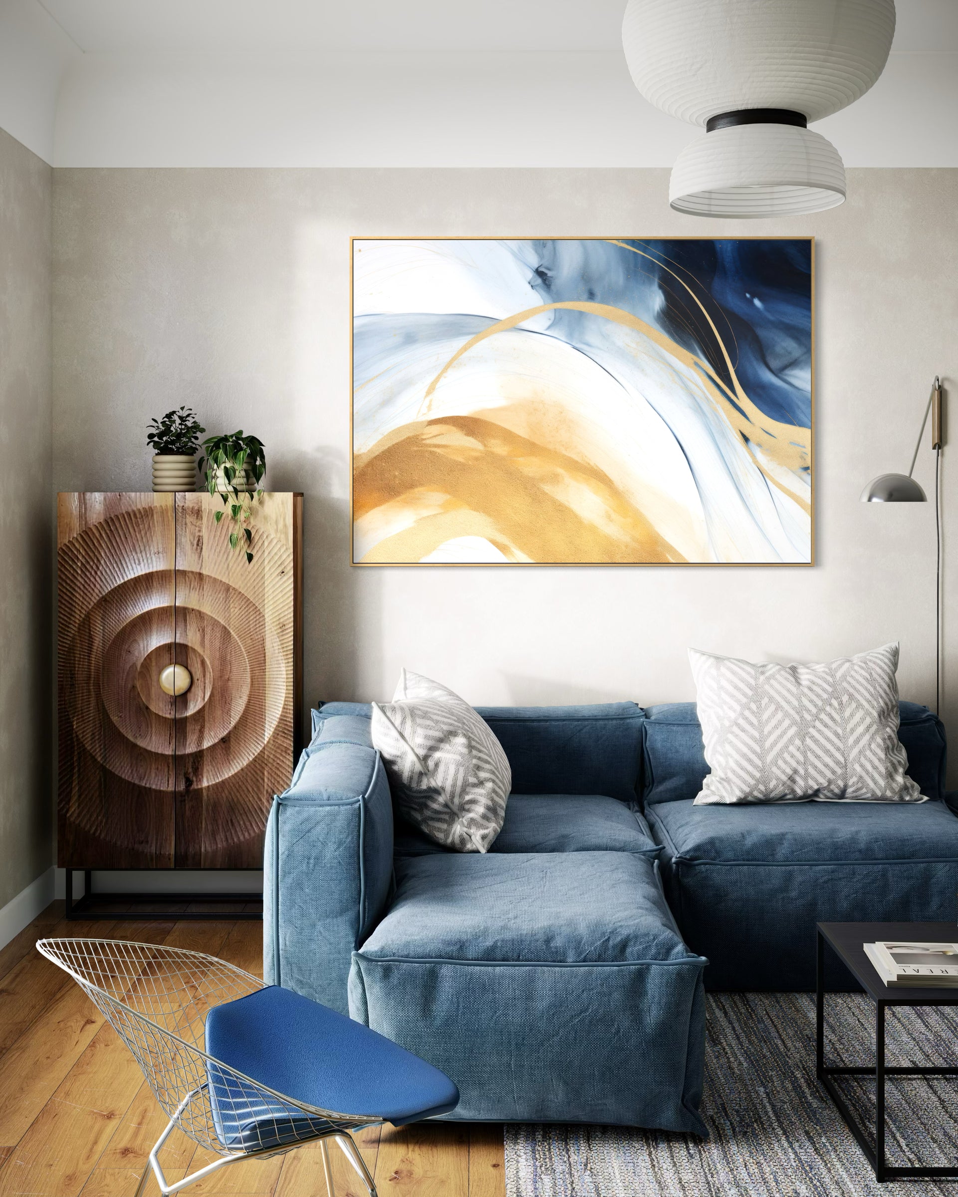 Stampa astratta con cornice oro, linee blu e dorate