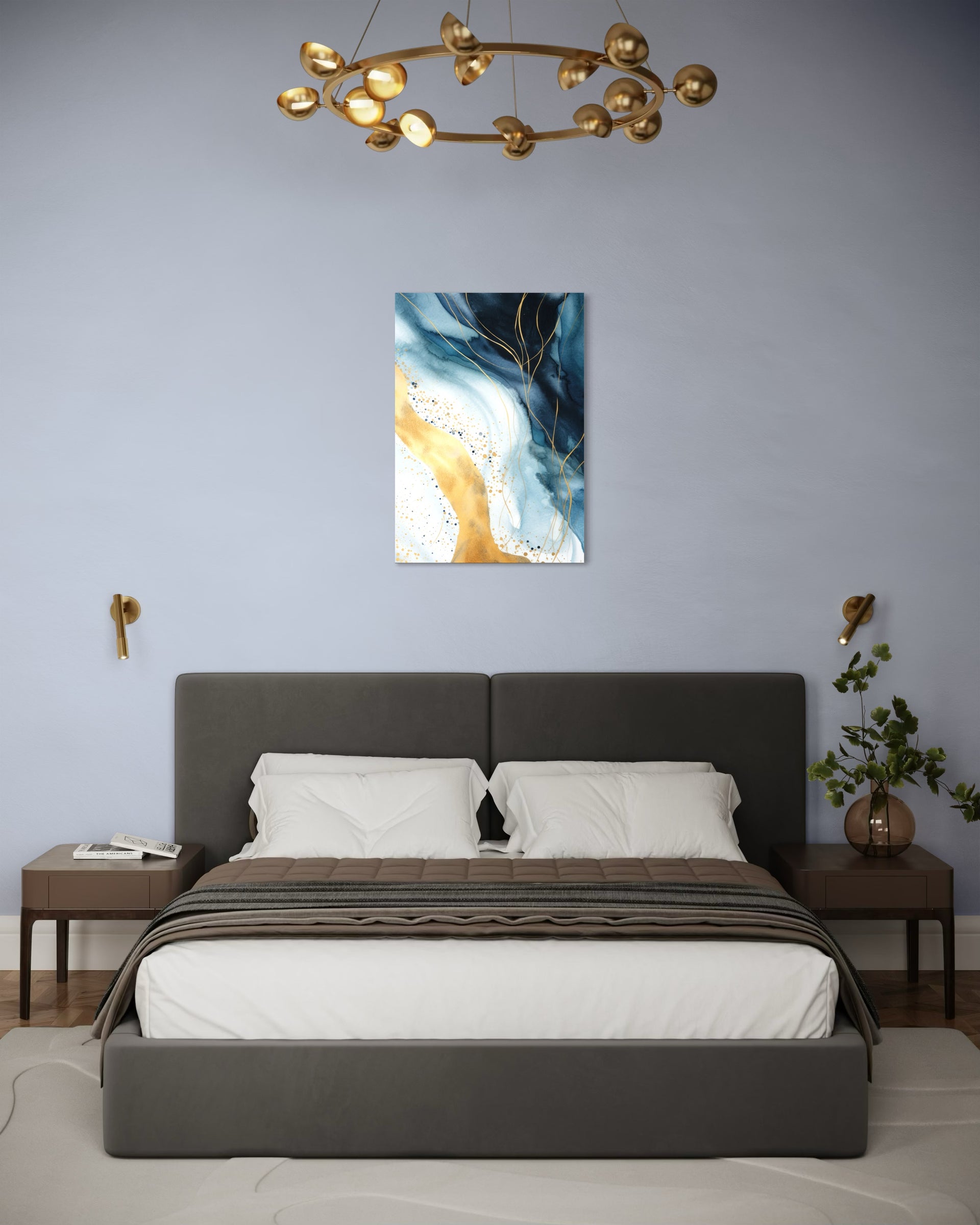 Stampa astratta con flussi blu e tocchi dorati, cornice bianca