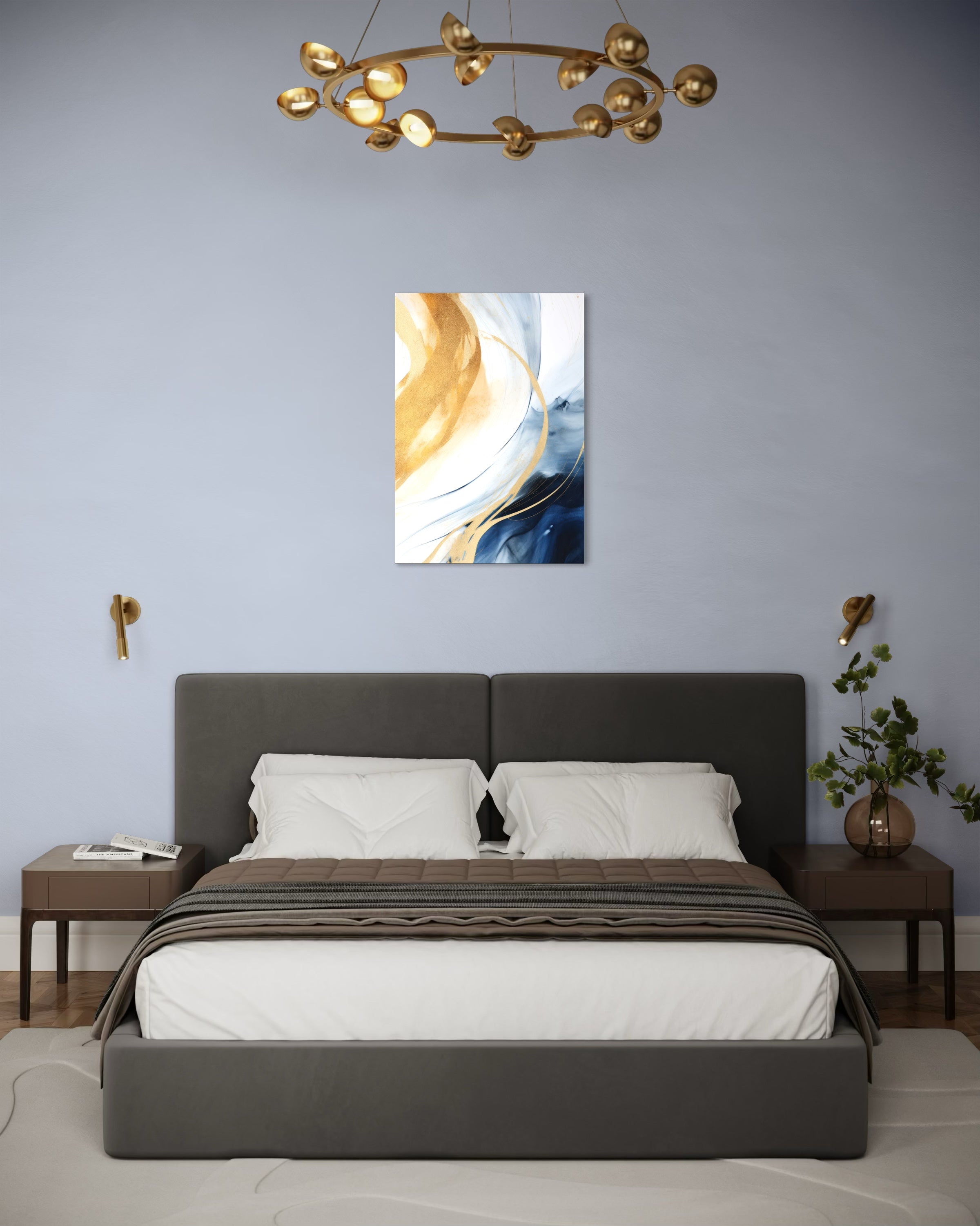 Stampa astratta da parete quadrata con curve blu e giallo sopra il letto