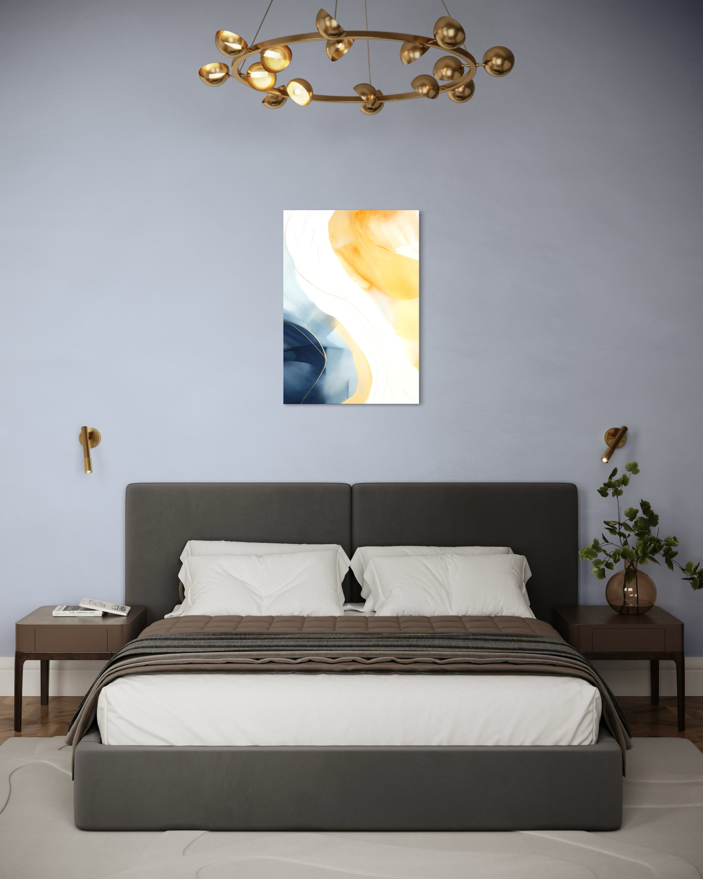 Stampa astratta da parete quadrata con onde gialle e blu sopra il letto