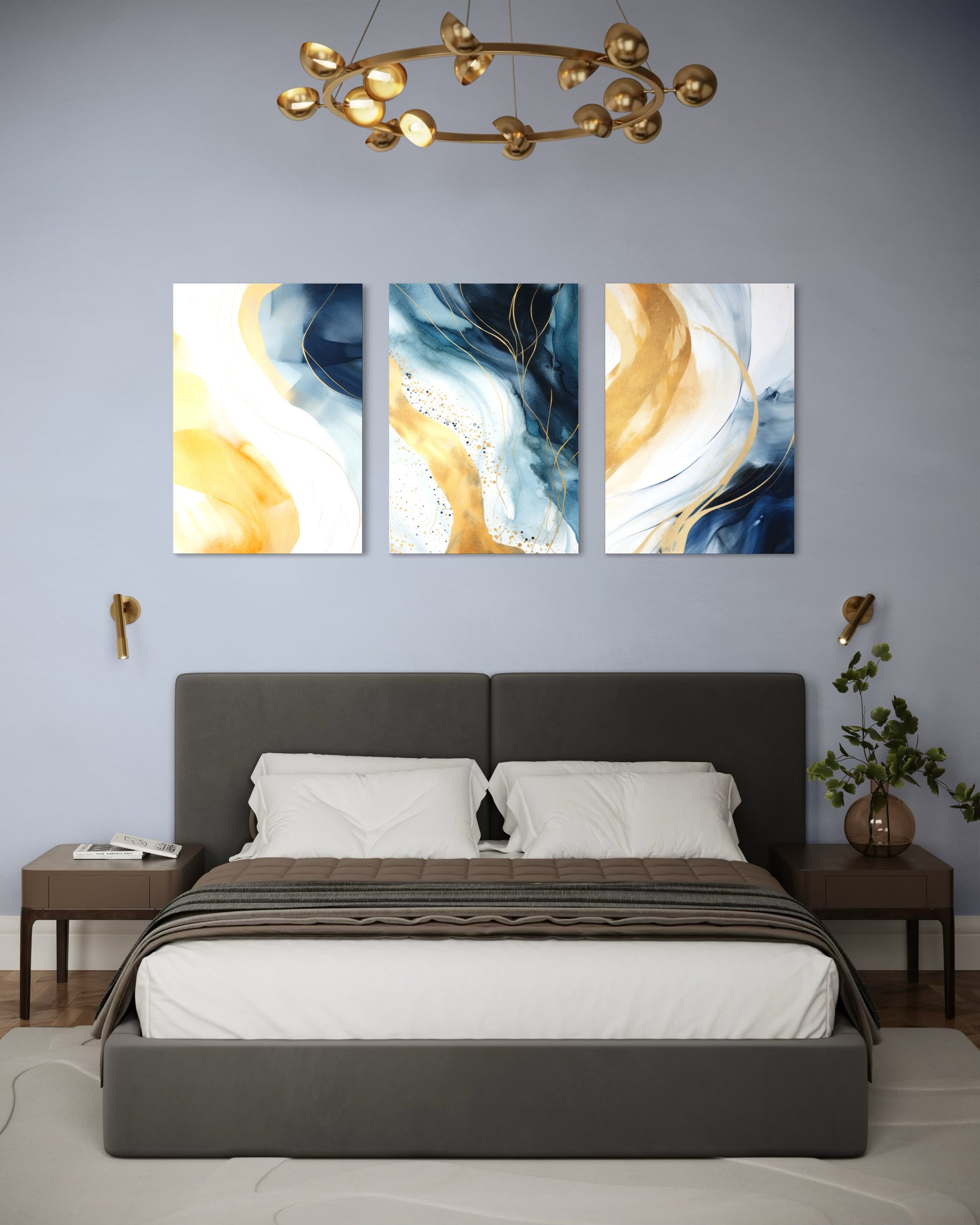 Set di 3 stampe astratte: flussi blu e oro, incorniciate bianche