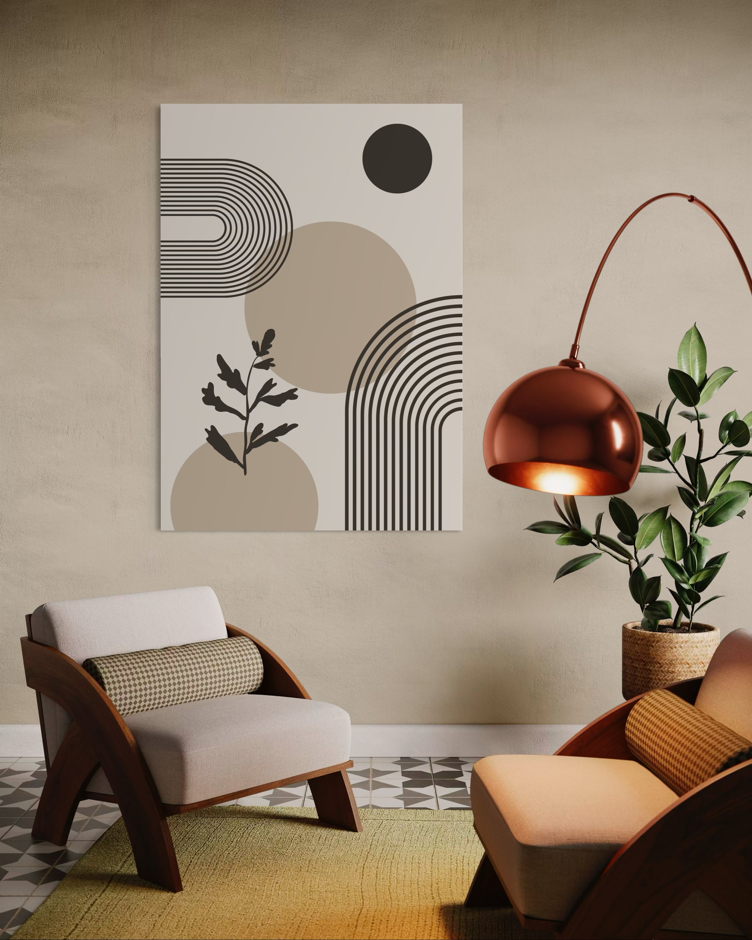 Quadro moderno astratto con linee curve e cornice chiara