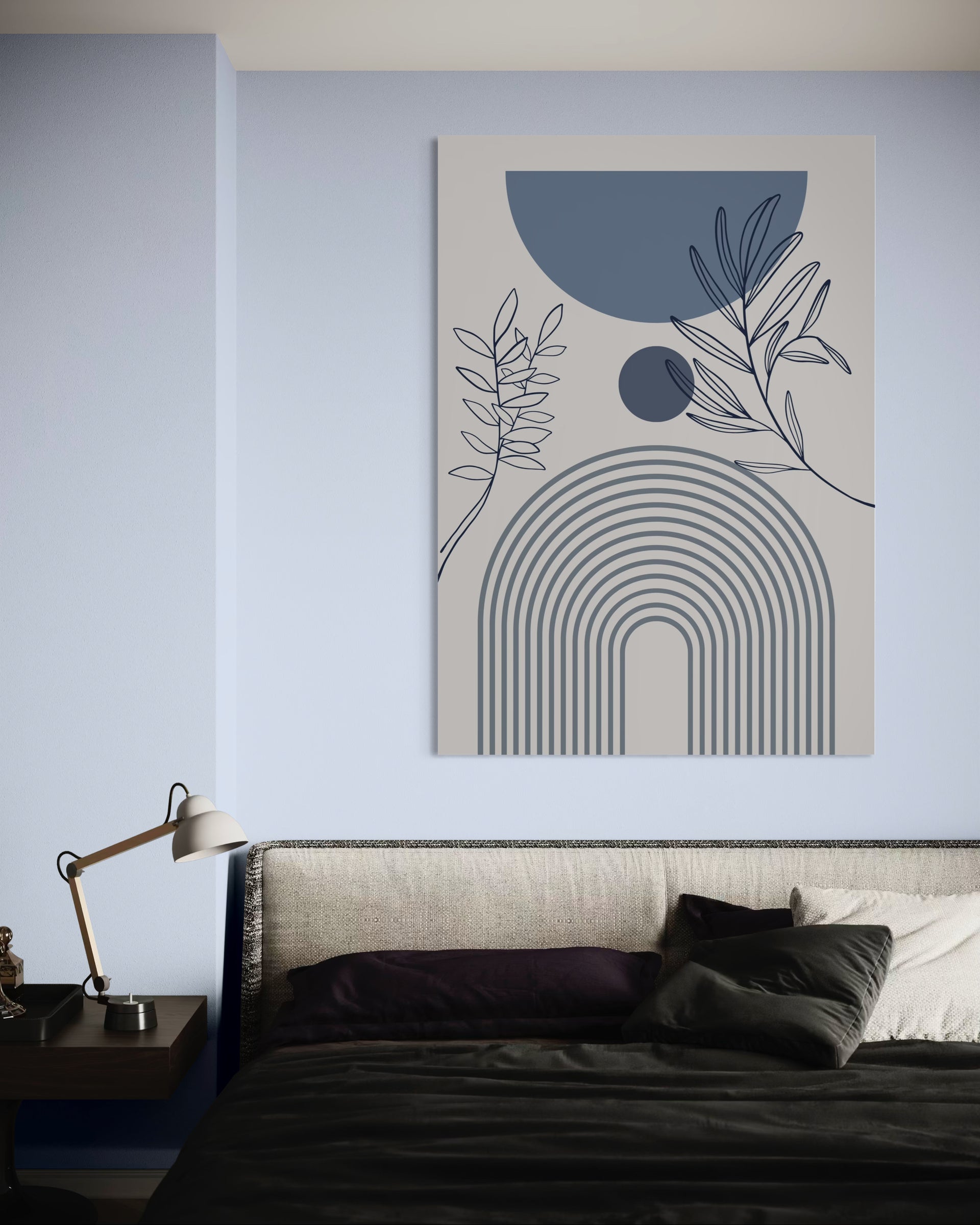 Home design di classe blu, stampa astratta con archi e foglie su cornice