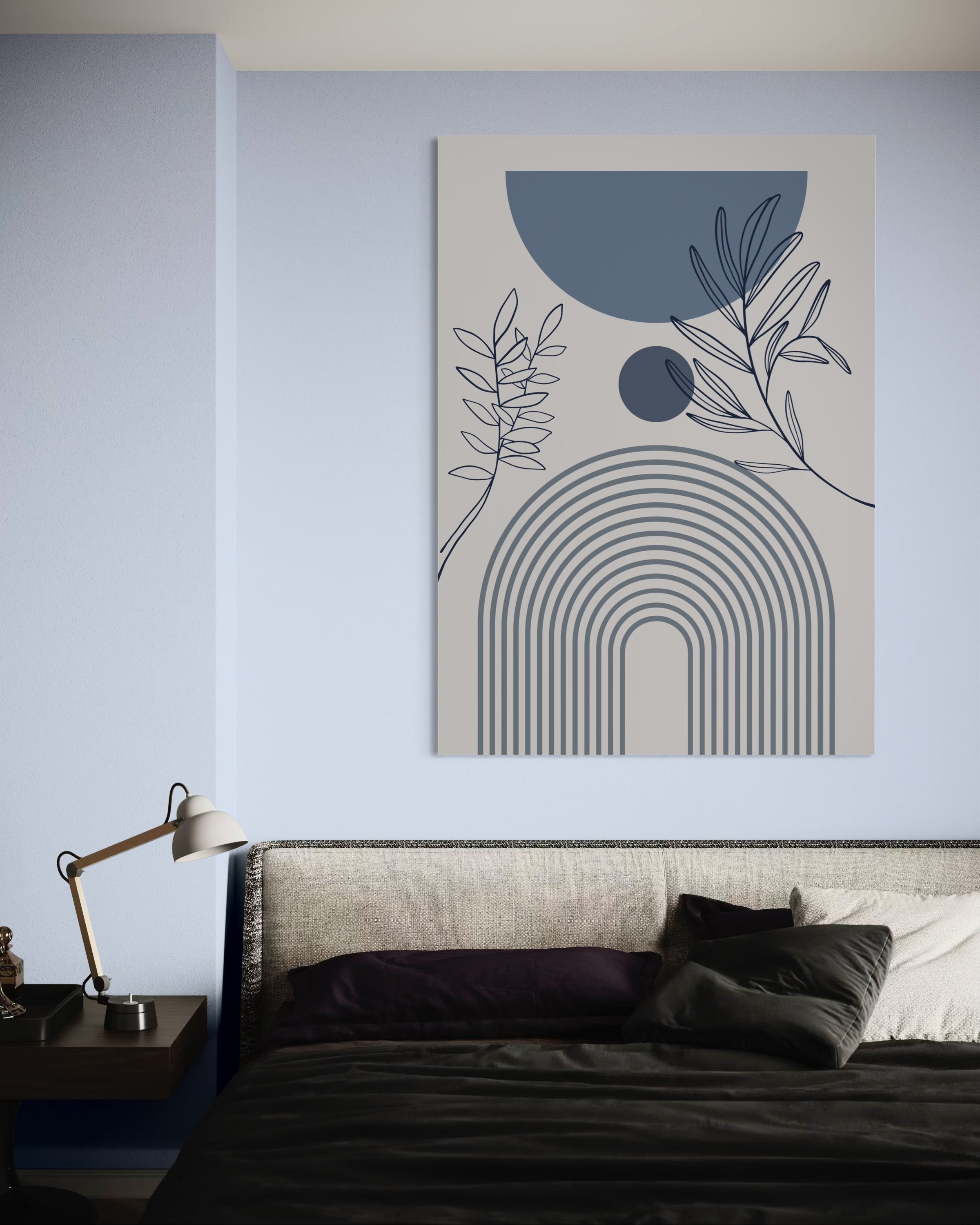 Home design di classe blu, stampa astratta con archi e foglie su cornice